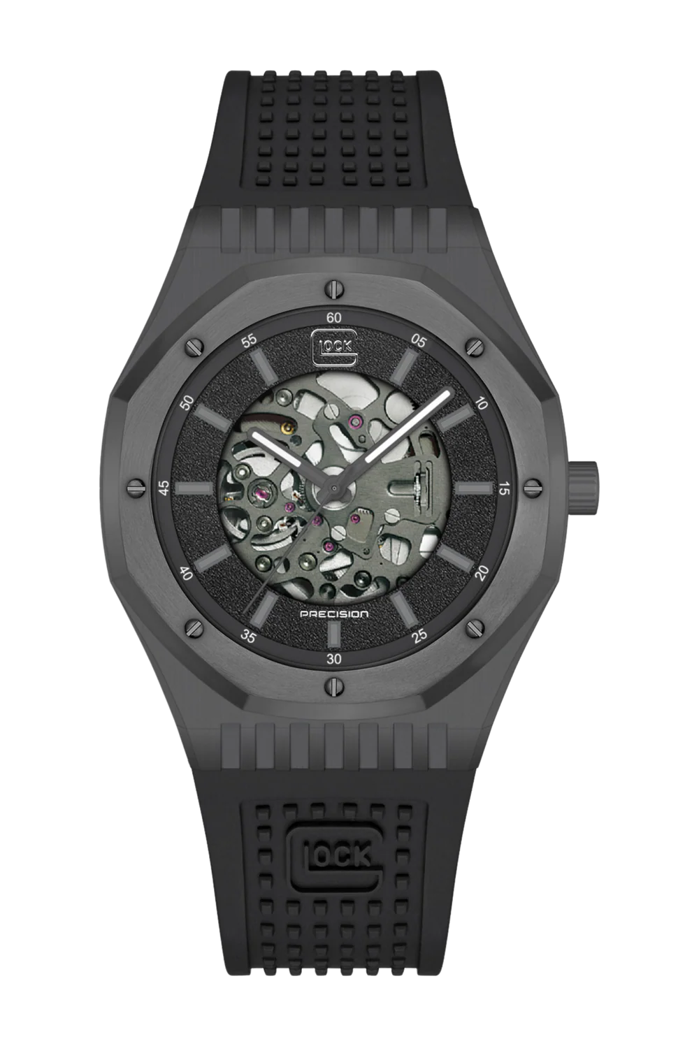 Black watch with a detailed face on a white background