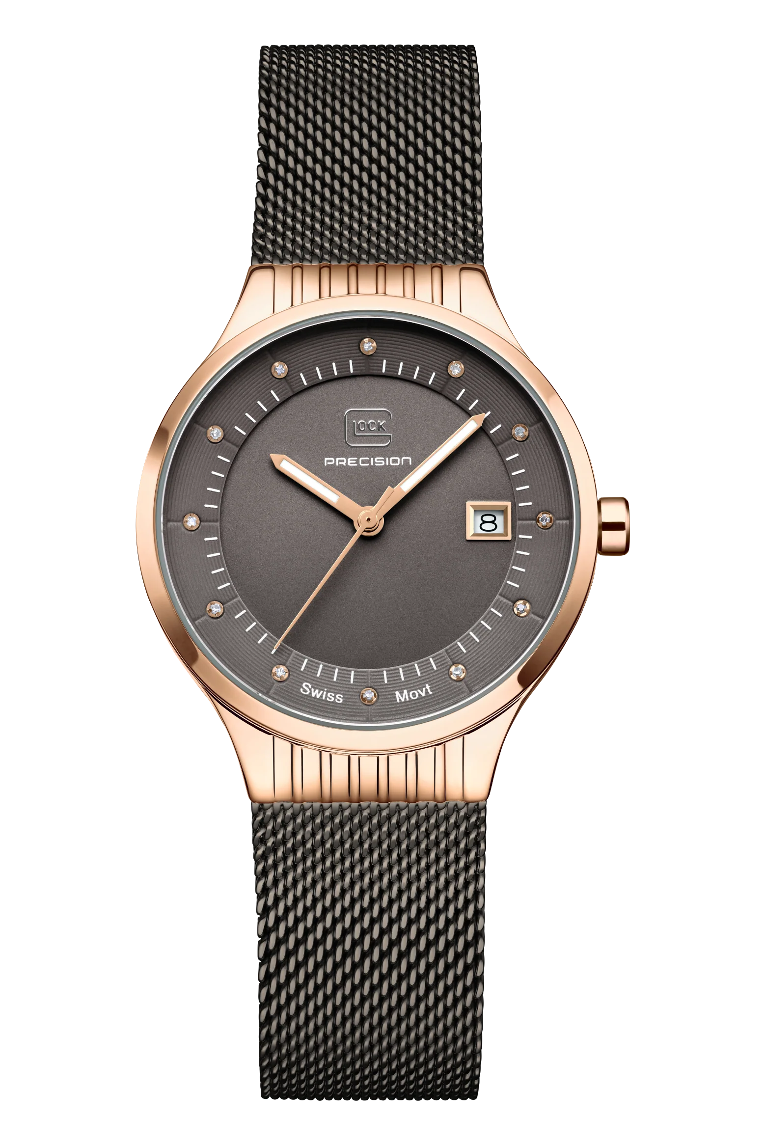 Elegant Rose Gold Stainless Steel Glock Watch With Gunmetal Mesh Band
