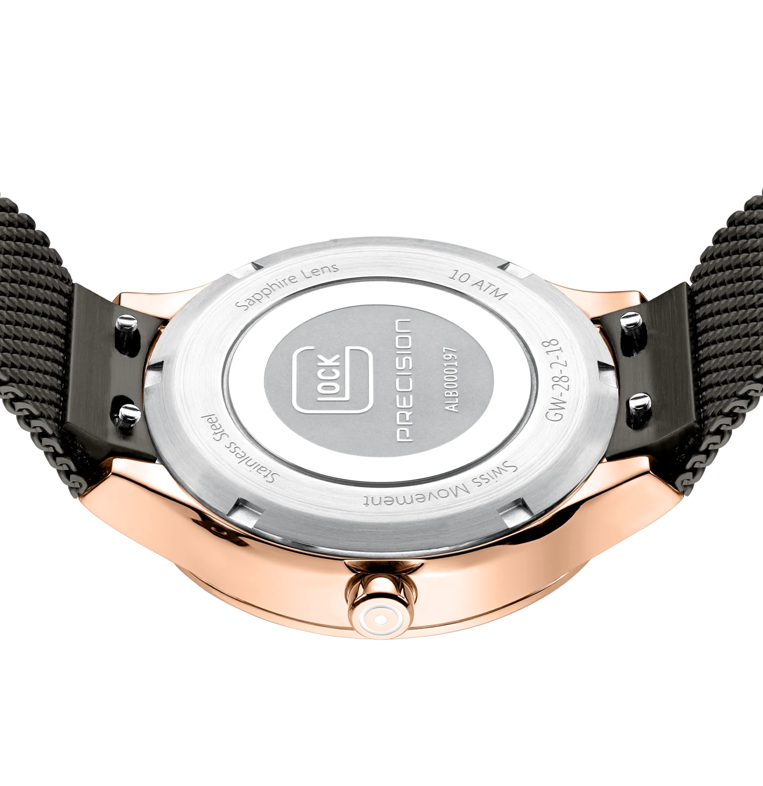 Elegant Rose Gold Stainless Steel Glock Watch With Gunmetal Mesh Band