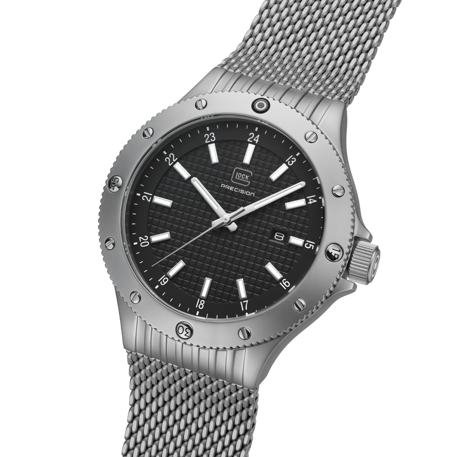 GLOCK Watch Super Sale - Stainless Steel Case with Black Watch Face and Mesh Strap (GW-33-4-24)