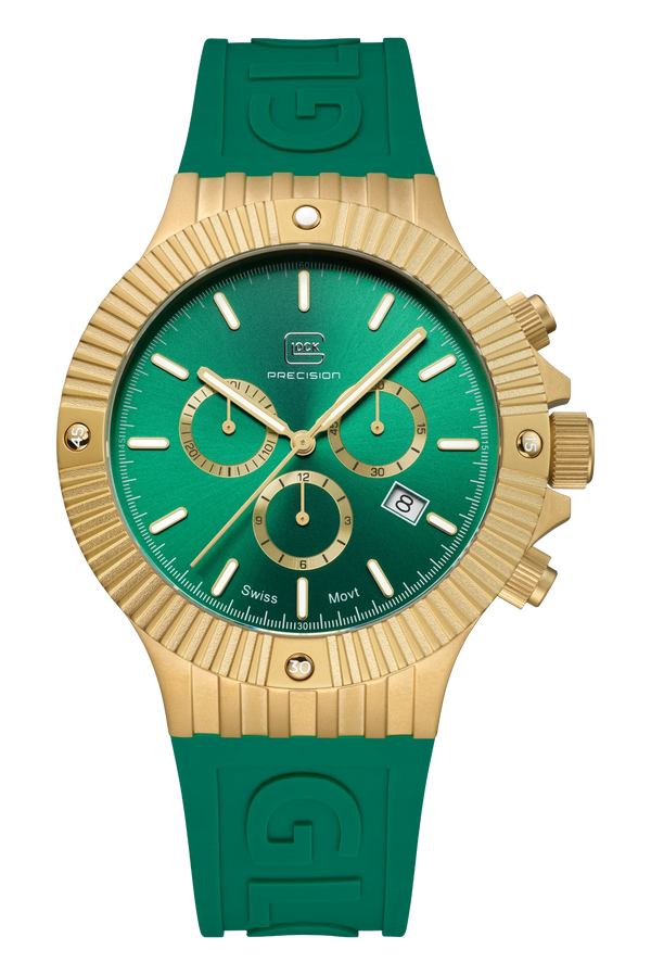 Gold Tone Stainless Steel Glock Watch with Green Silicone Strap