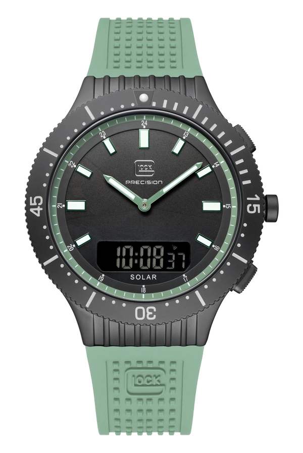 Black Stainless Steel Glock Watch With Green Silicone Strap