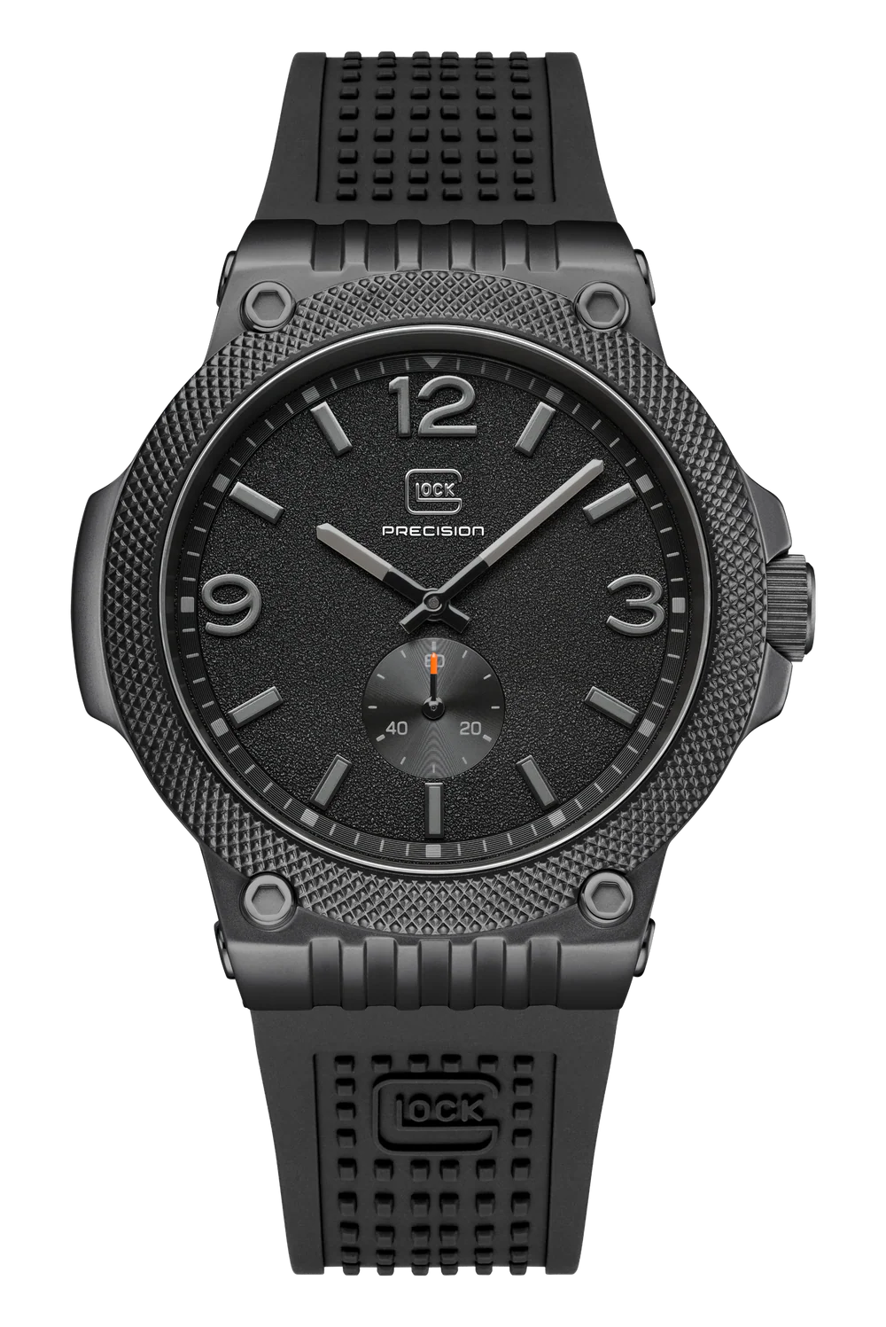 Black watch with detailed face on a white background