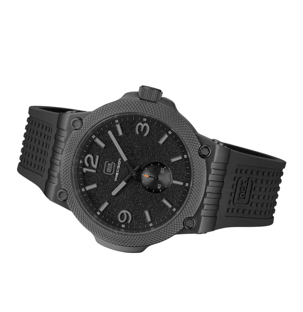 Black watch with textured strap on a white background