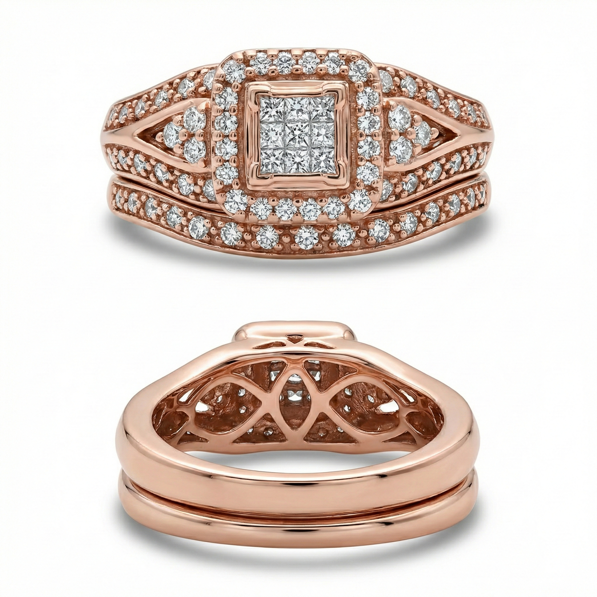 Rose gold ring with diamond accents on a white background