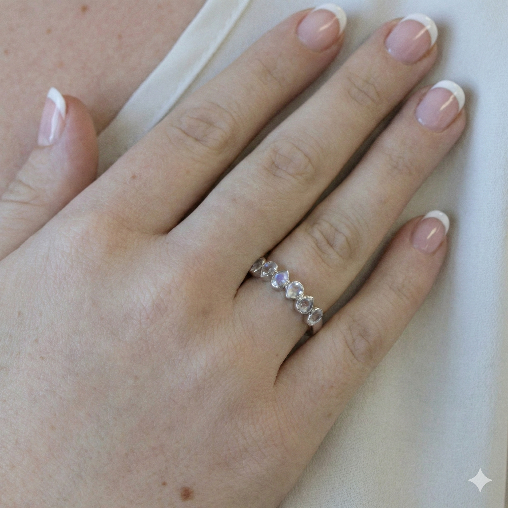 Close-up of a hand wearing a ring with gemstones on a plain background