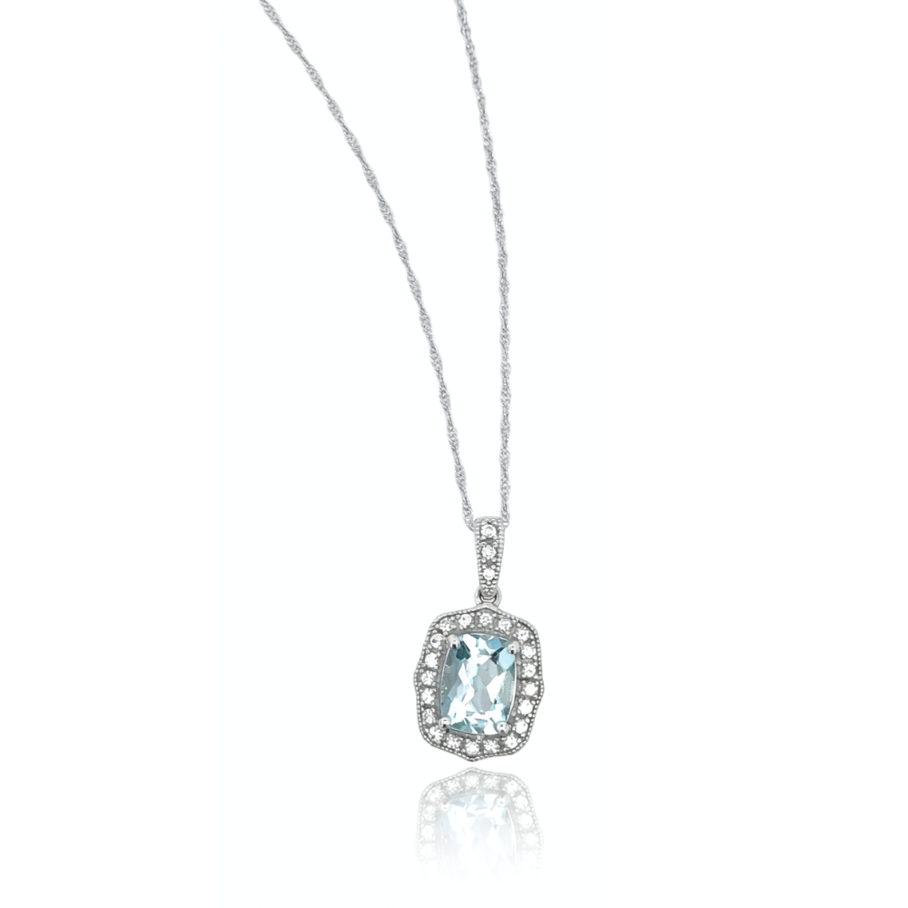 10K White Gold 1CT. Elongated Cushion-Cut Aquamarine and Created White Sapphire Halo Pendant Necklace