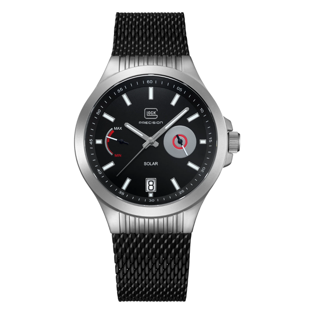 Front picture of GLOCK Silver Tone Stainless Steel Solar Watch With Black Silicone Band on a tranparent background
