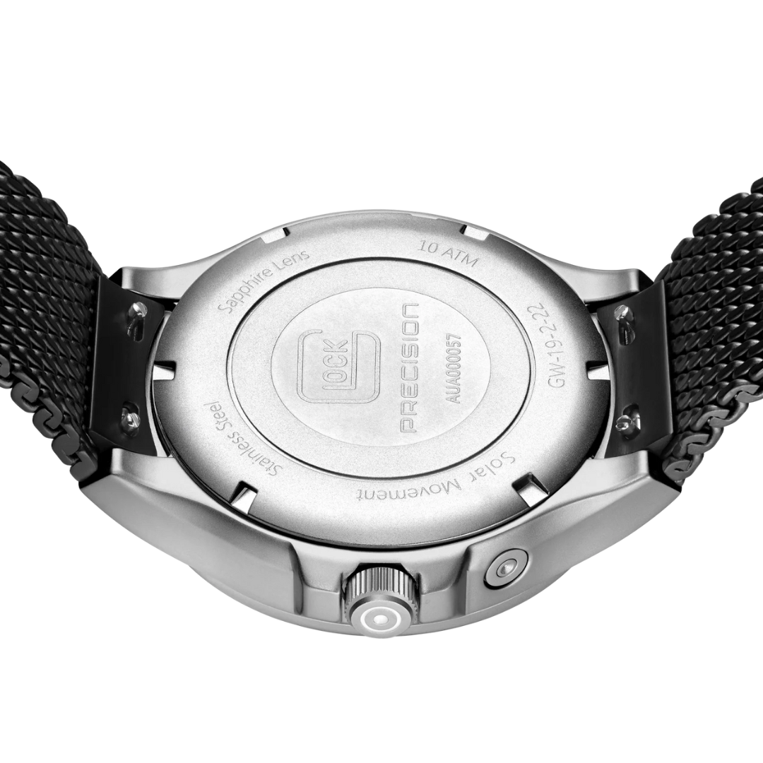Underside picture of GLOCK Silver Tone Stainless Steel Solar Watch With Black Silicone Band on a tranparent background.