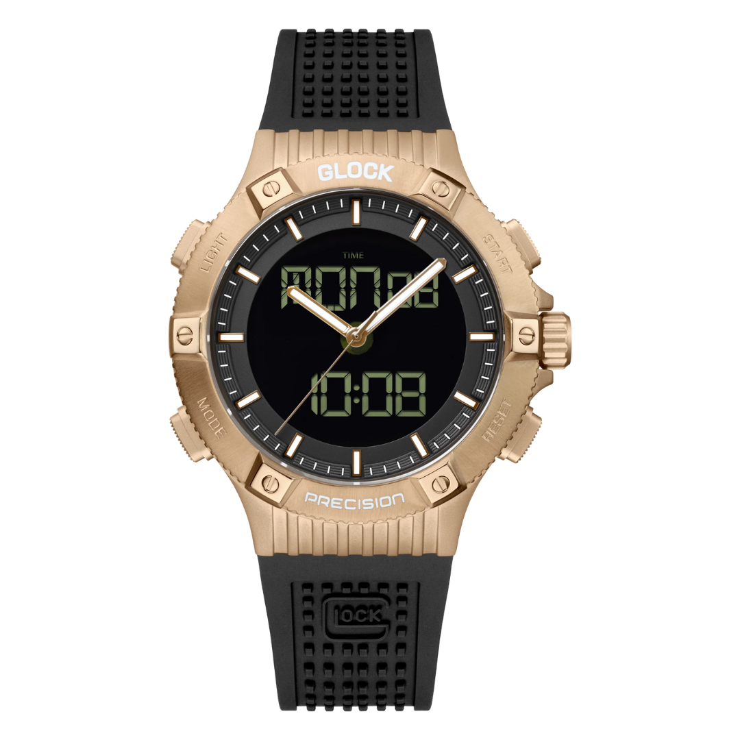 GLOCK Sandblasted Stainless Steel Case With Black Silicone Strap Watch on transparent background.