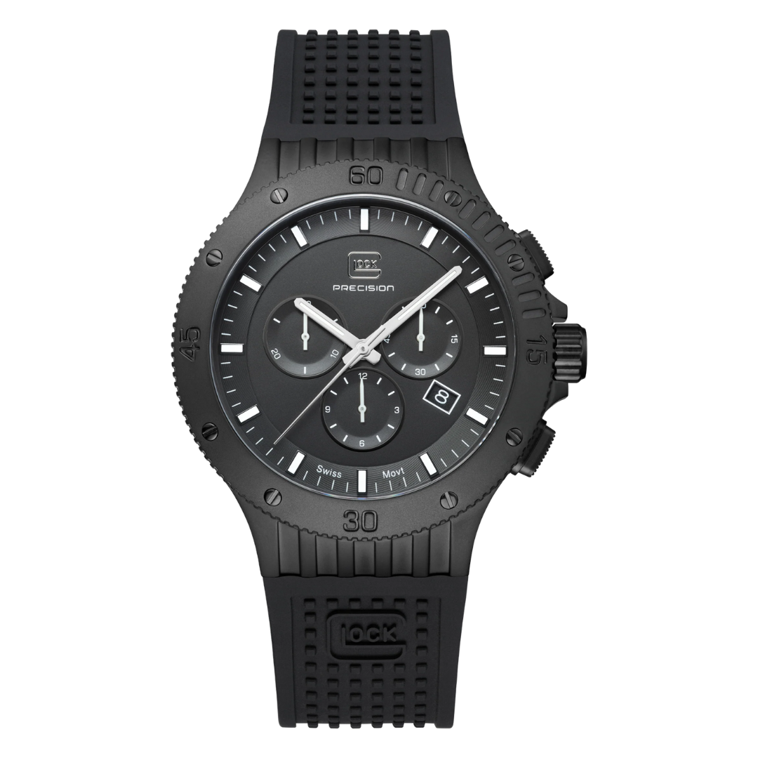 Front view of GLOCK Gunmetal Chronograph Watch on transparent background.