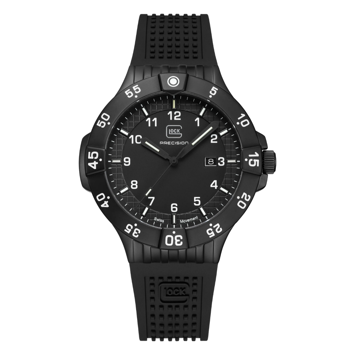 Front View of Black Stainless Steel Glock Watch With Black Silicone Band