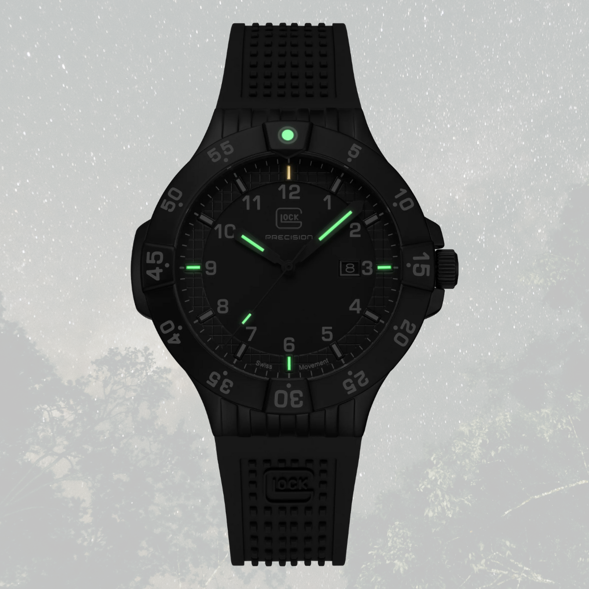 Glowing view of Black Stainless Steel Glock Watch With Black Silicone Band