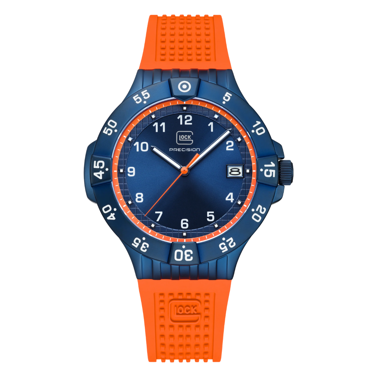 Front view of Limited Edition Blue Stainless Steel Interchangeable Orange & Blue Rubber Strap Glock Watch with orange watch band