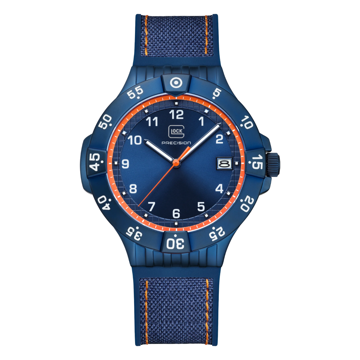 Limited Edition Blue Stainless Steel Interchangeable Orange & Blue Rubber Strap Glock Watch with blue watch band
