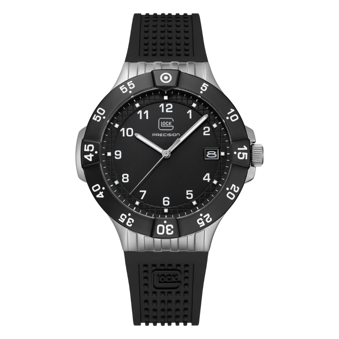 Front picture of GLOCK Sandblasted Silver-Tone Stainless Steel With Black Silicone Band Watch on a tranparent background.