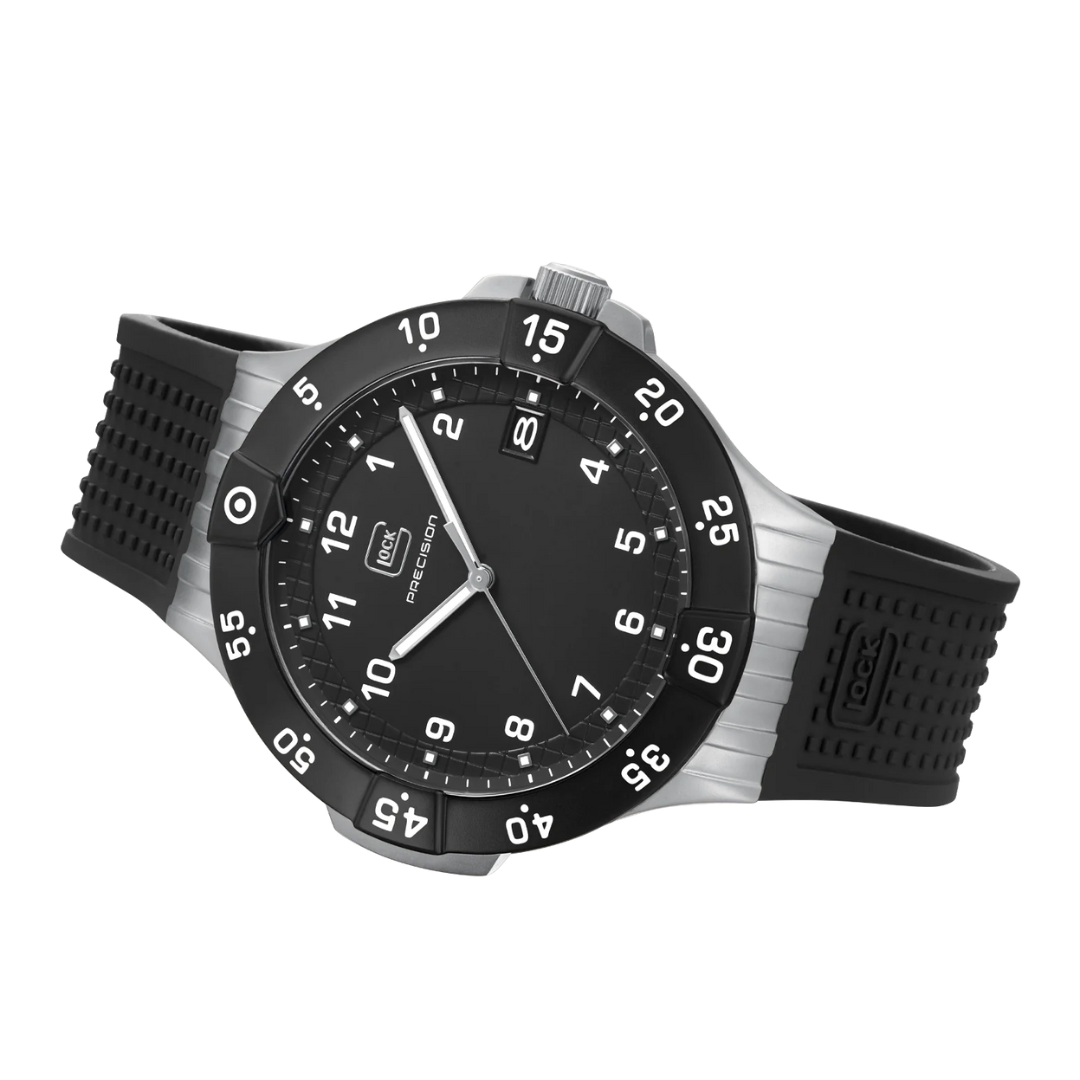 Laying down picture of GLOCK Sandblasted Silver-Tone Stainless Steel With Black Silicone Band Watch on a tranparent background.