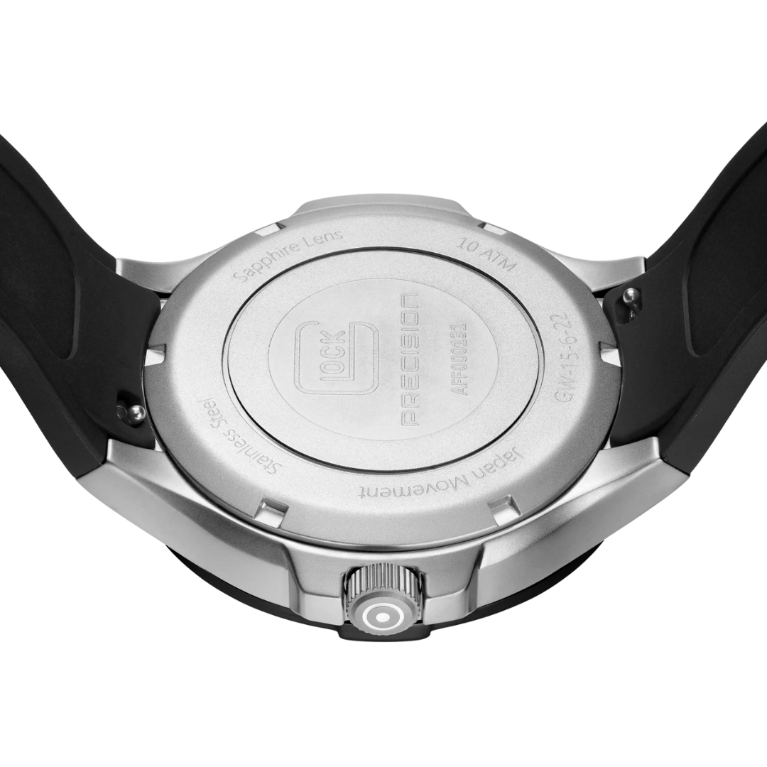 Underside picture of GLOCK Sandblasted Silver-Tone Stainless Steel With Black Silicone Band Watch on a tranparent background.