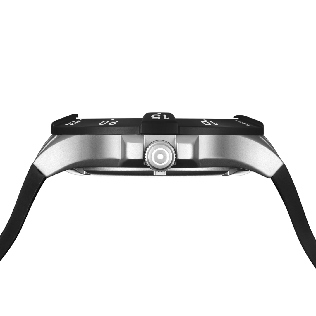 Side picture of GLOCK Sandblasted Silver-Tone Stainless Steel With Black Silicone Band Watch on a tranparent background.