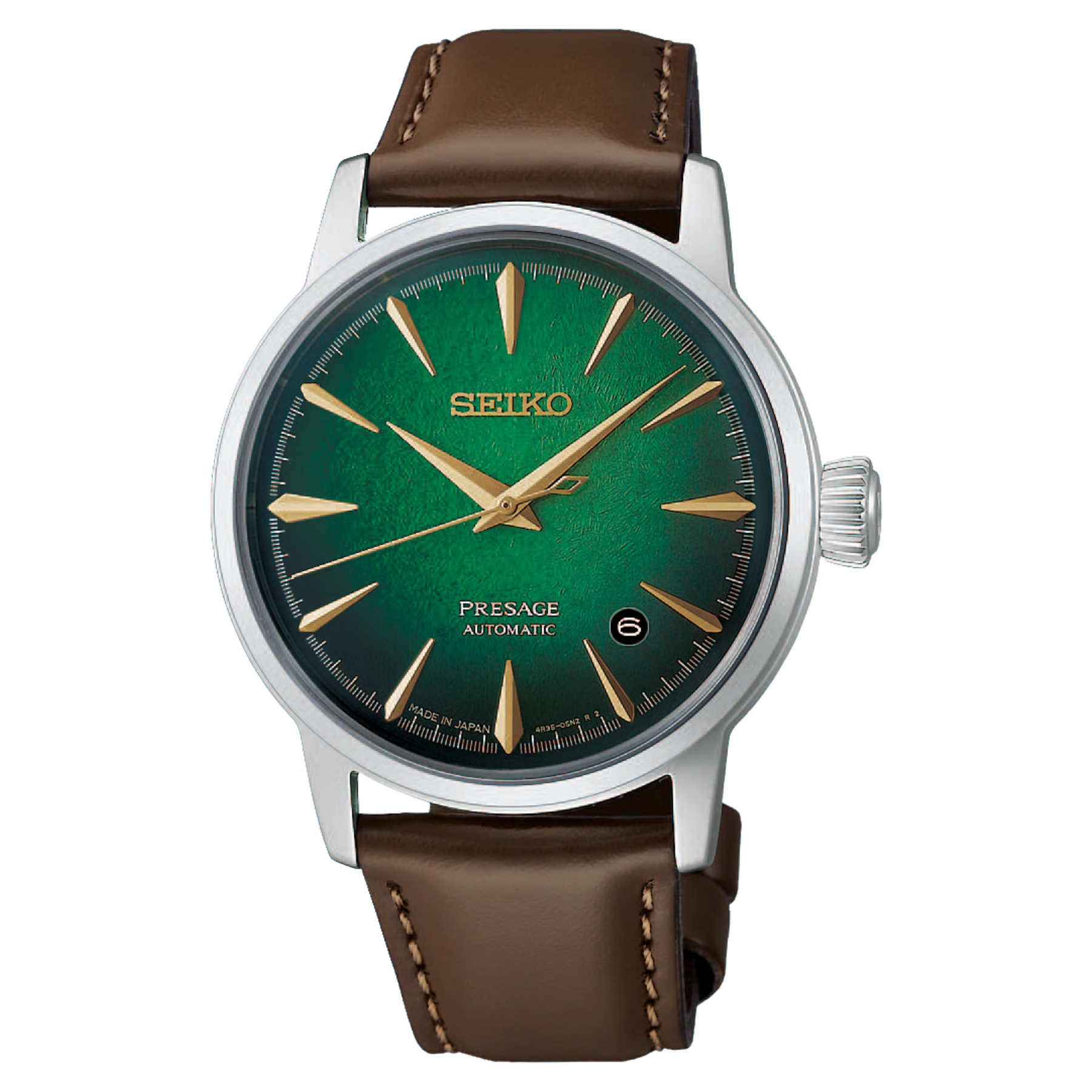 SEIKO Presage Cocktail Time Automatic Stainless Steel Iridescent Green Dial Watch with Leather Strap