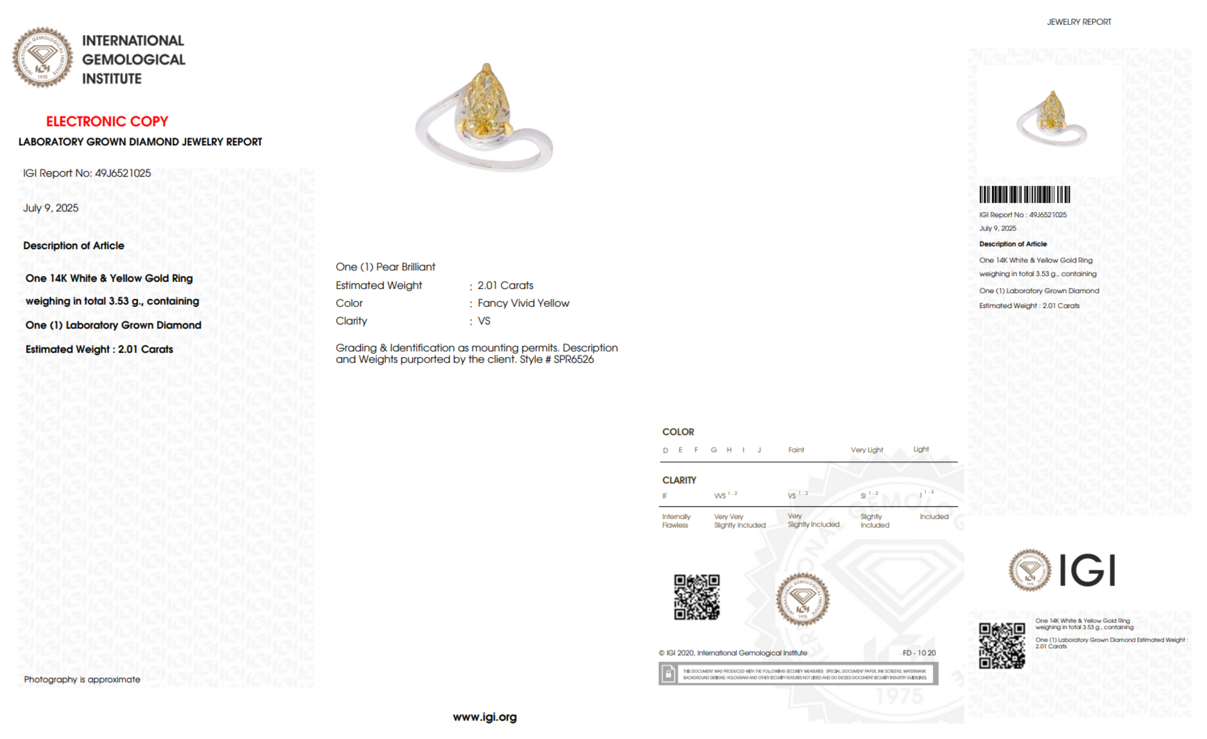 14K White Gold Certified 2.01CT. Lab-Grown Yellow Diamond Pear-Cut Bypass Ring