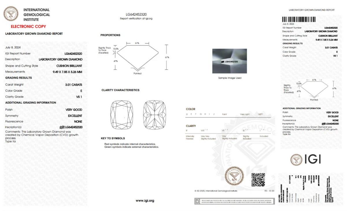 3.01CT. Certified Loose Elongated-Cushion Cut Lab-Grown Diamond IGI LG642452320 E/VS1