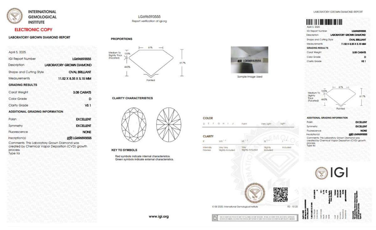 3.08CT. Certified Loose Oval-Cut Lab-Grown Diamond IGI LG696593555 D/VS1