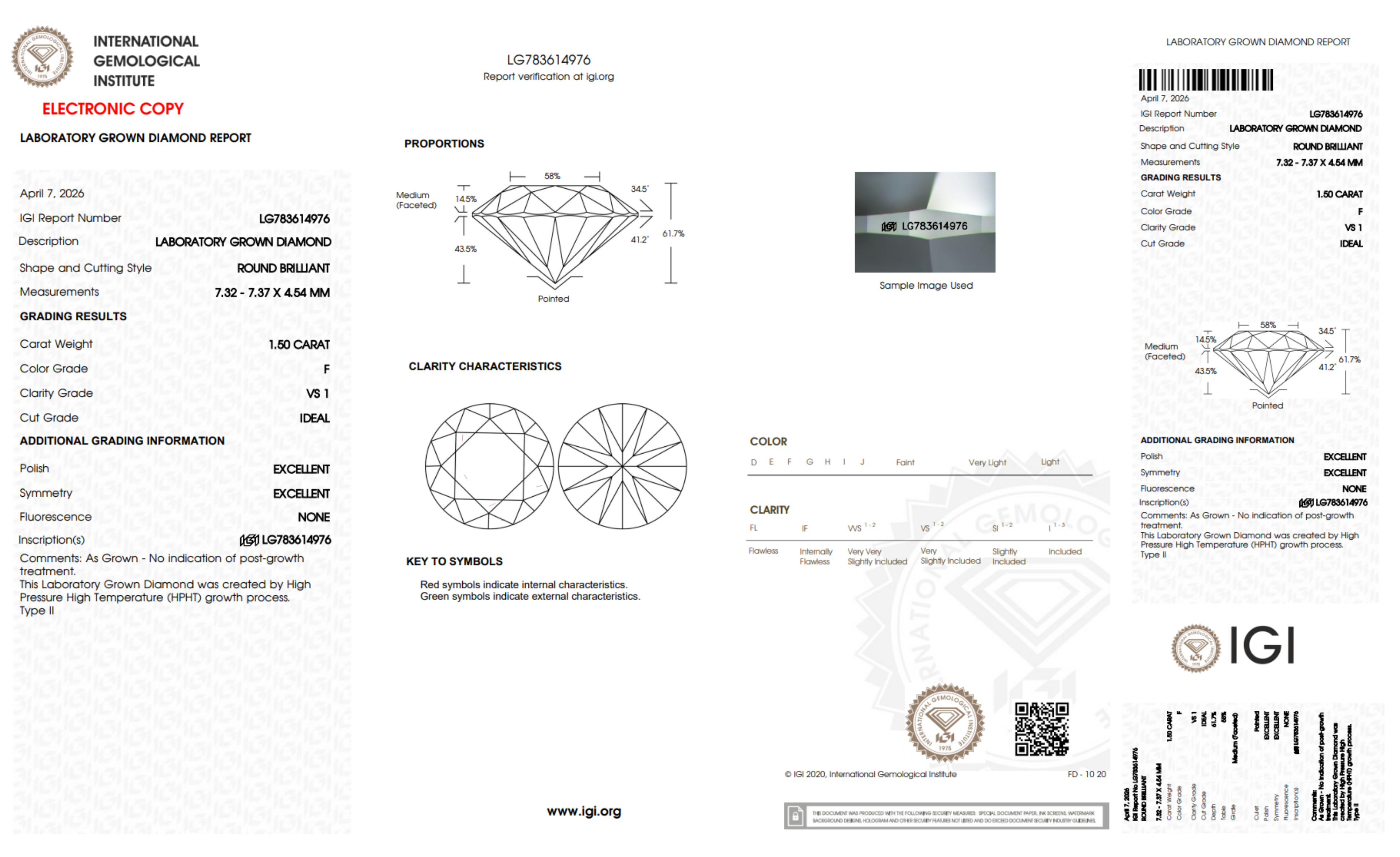 1.50CT. Certified Loose Round Lab-Grown Diamond IGI LG783614976 F/VS1 Ideal