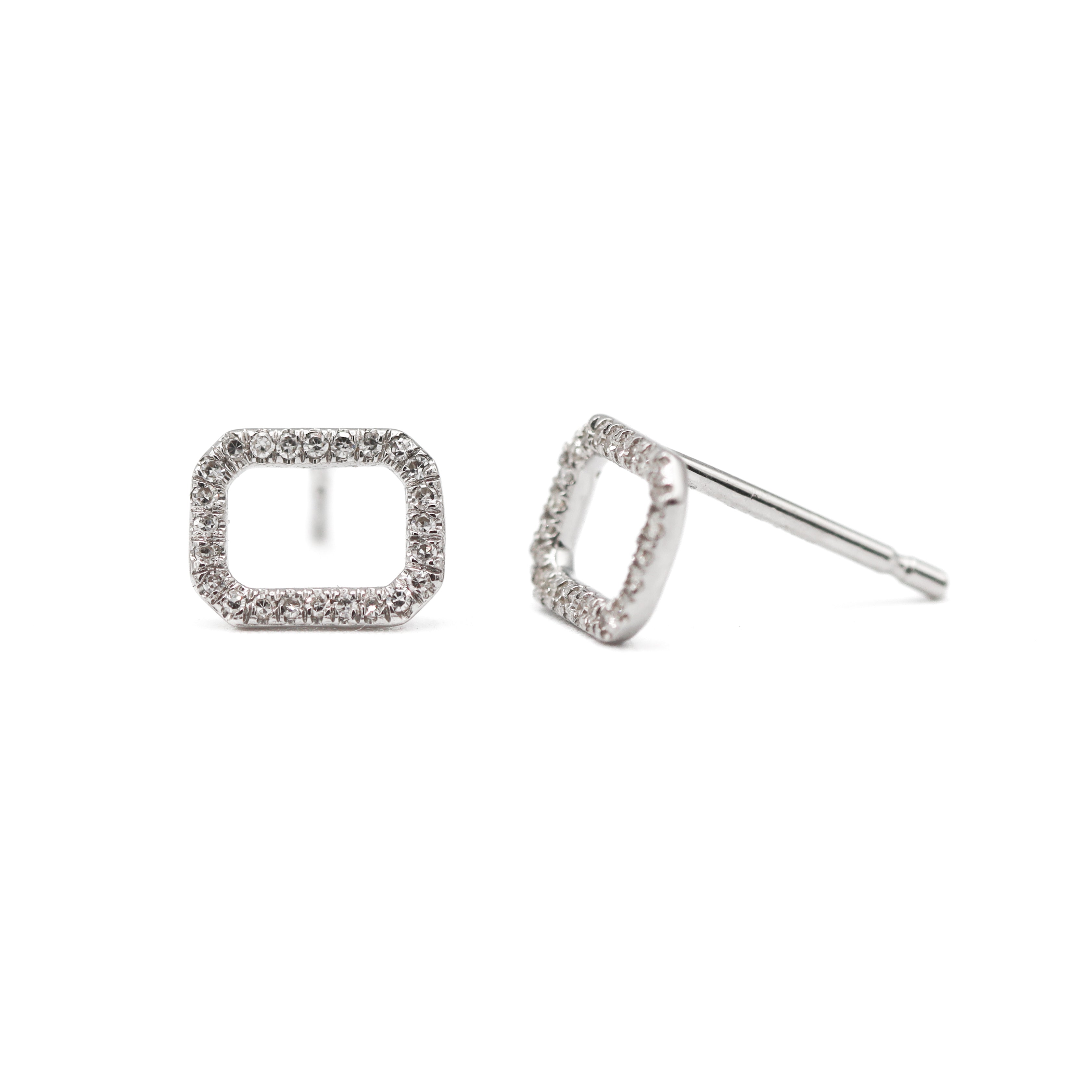 14K White Gold Open-Rectangle Diamond Geometric Stud Earrings