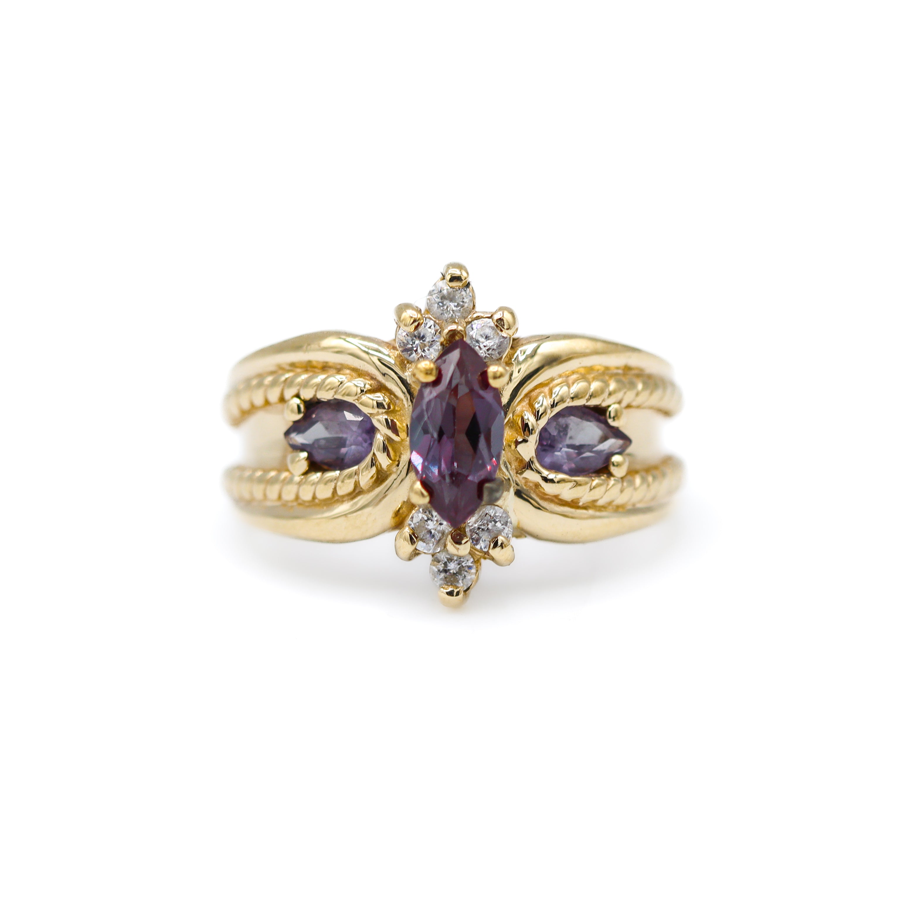 Estate Collection: 10K Yellow Gold Marquise Lab-Created Purple Sapphire With Round CZ Accents Cocktail Ring