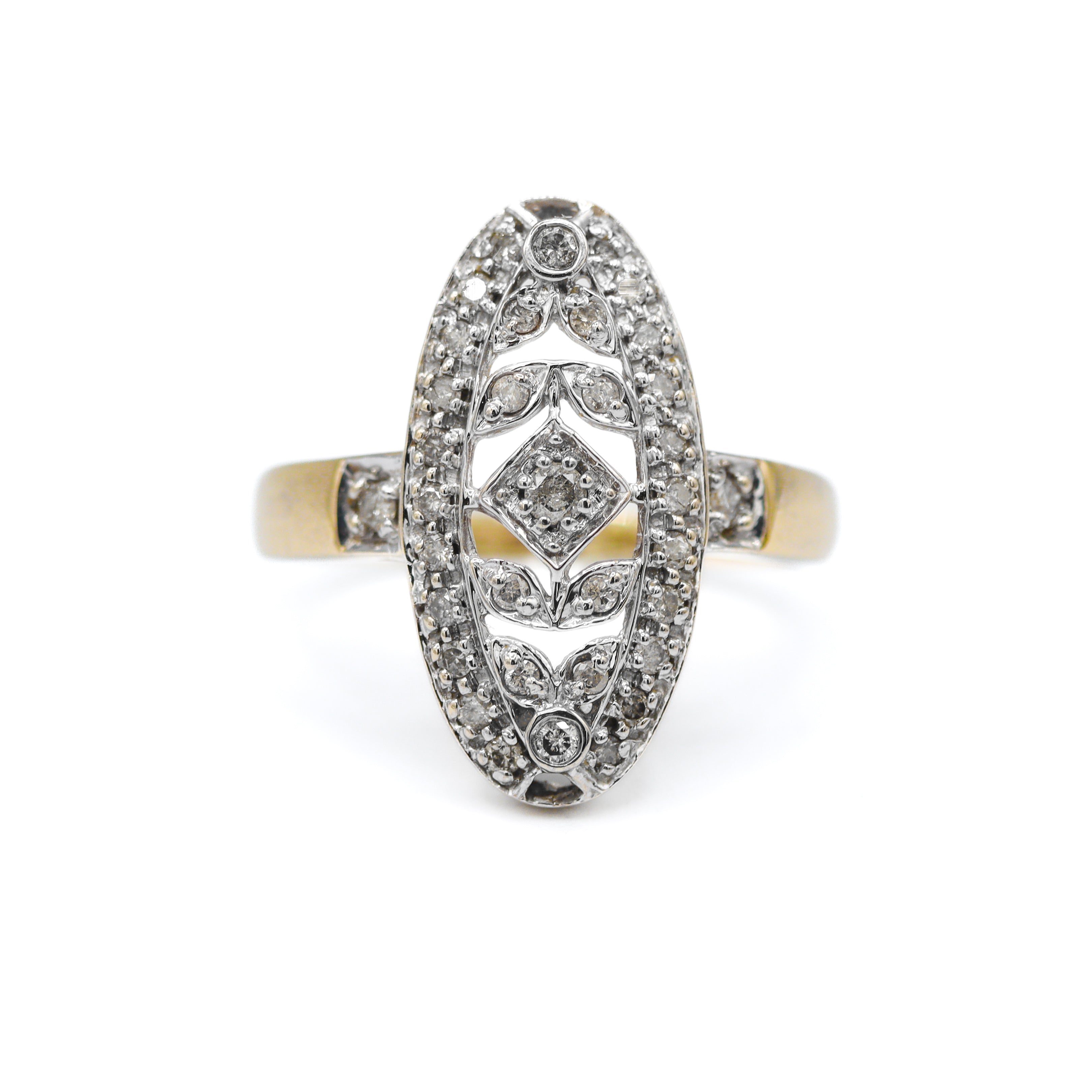 Estate Collection: 10K Yellow and White Gold Diamond Art Deco Style Oval Filigree Statement Ring