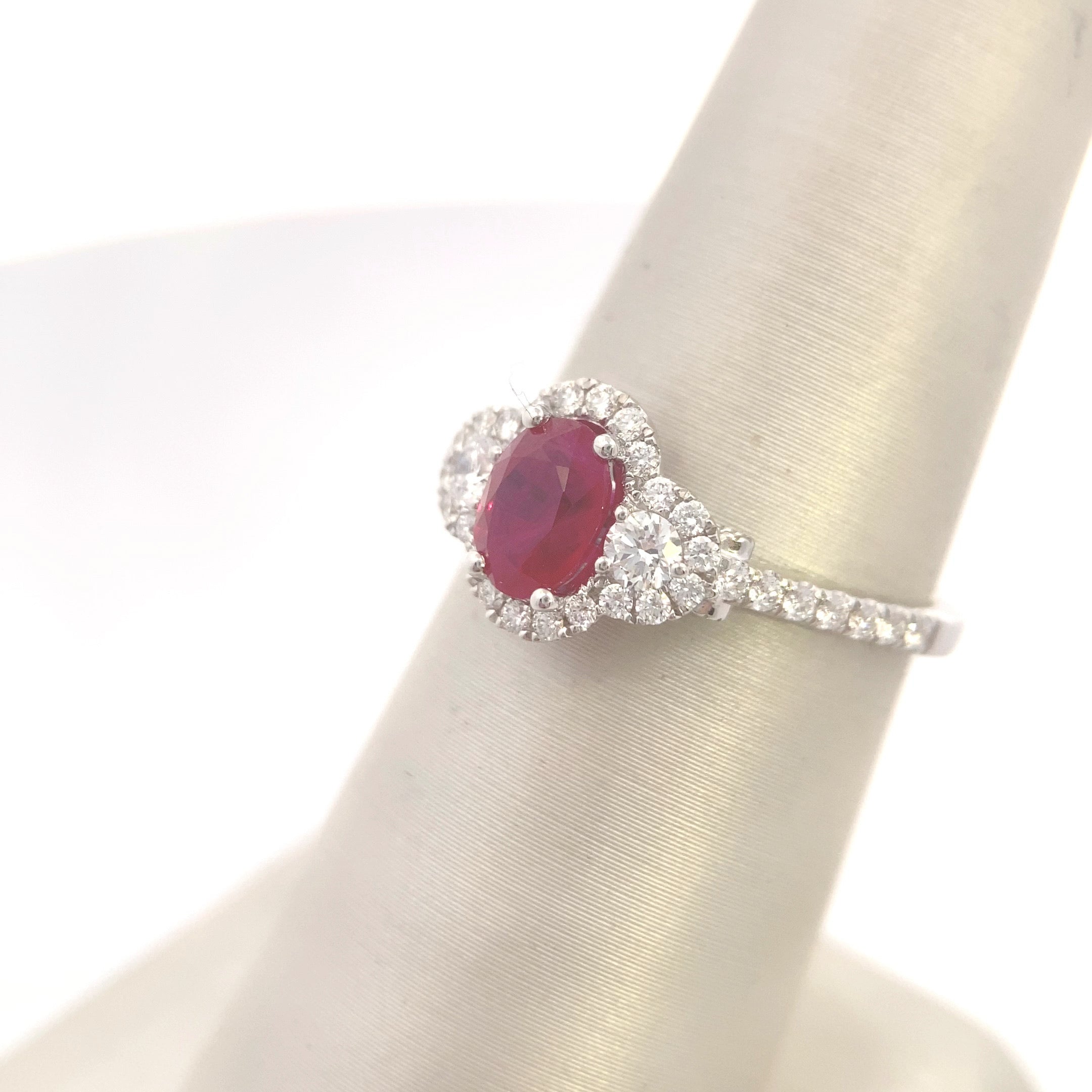 18K White Gold 1CT. Ruby & 1/2CT. Diamond Three-Stone Halo Ring