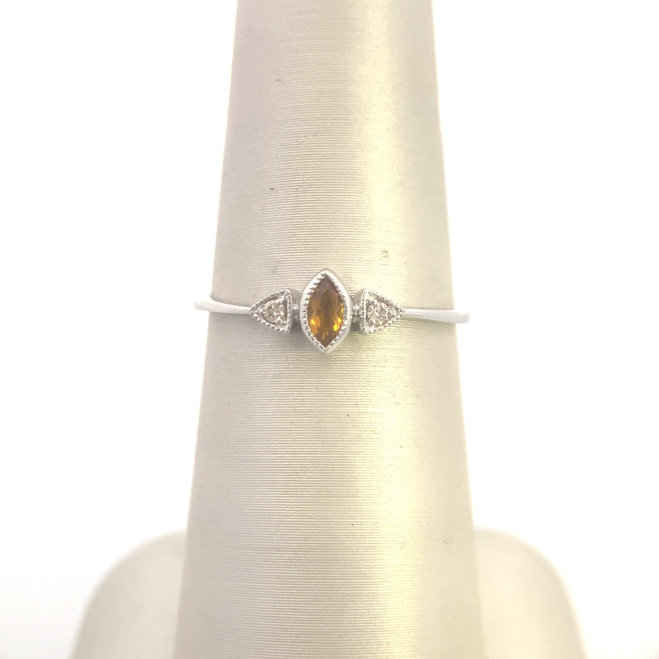 10K White Gold Three-Stone 1/10CT. Marquise-Cut Citrine & 1/20CT. Diamond Ring