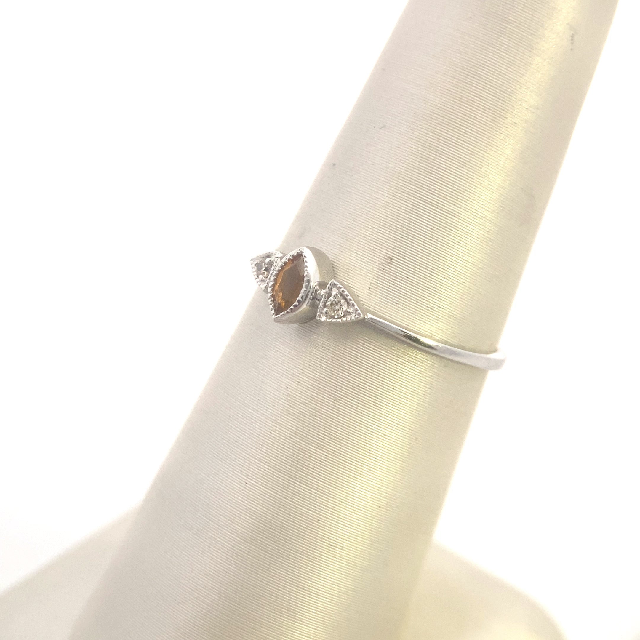 10K White Gold Three-Stone 1/10CT. Marquise-Cut Citrine & 1/20CT. Diamond Ring