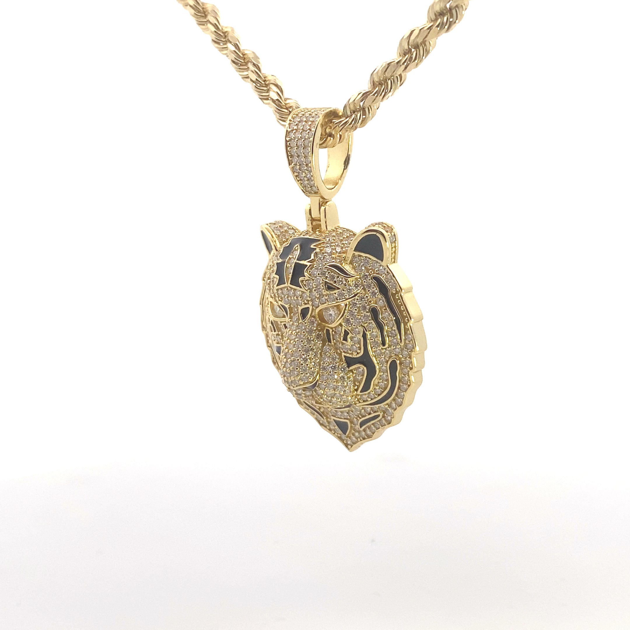 Side View of Gold Plated Tiger Pendant with Moissanite hanging on chain
