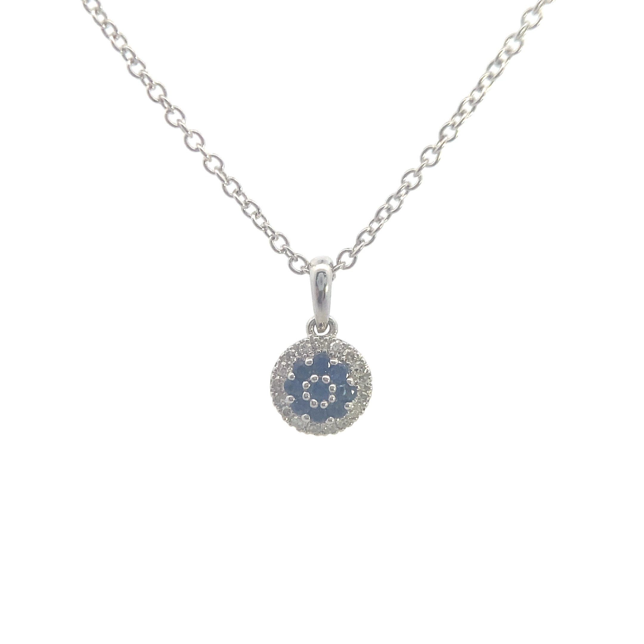 14K White Gold 1/10CT. Sapphire & 1/20CT. Diamond Halo Pendant