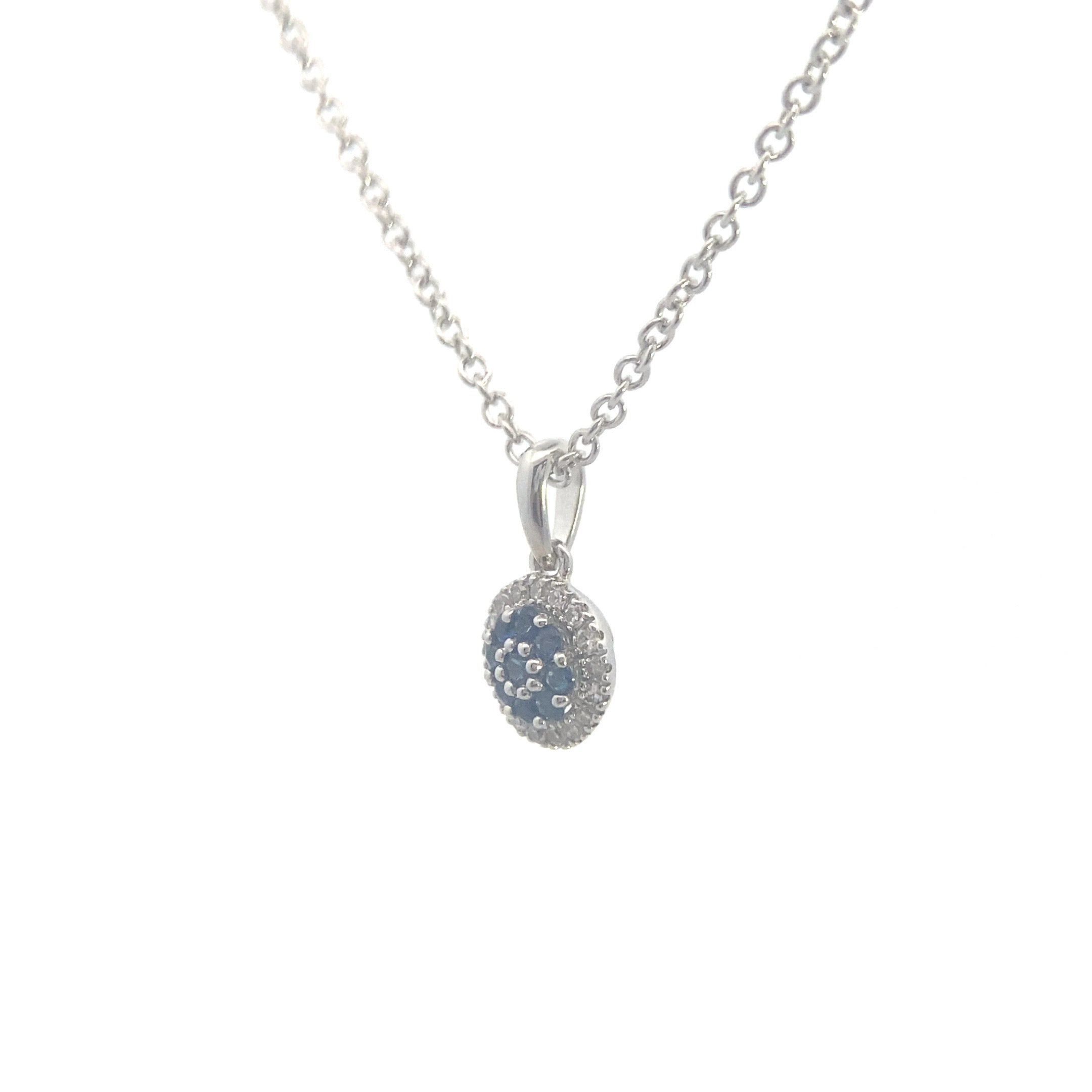 14K White Gold 1/10CT. Sapphire & 1/20CT. Diamond Halo Pendant