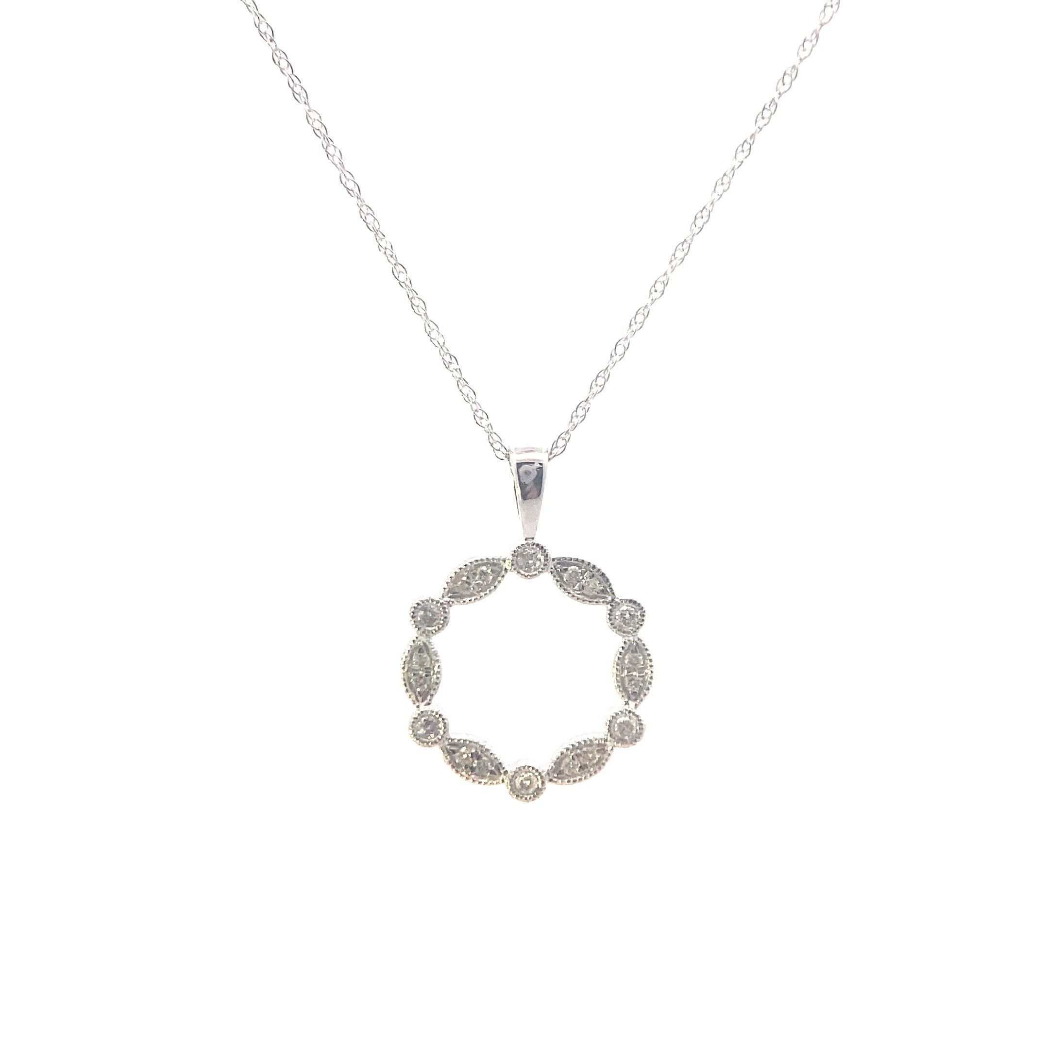 14K White Gold 1/8CT. Diamond Vintage-Inspired Circle Pendant
