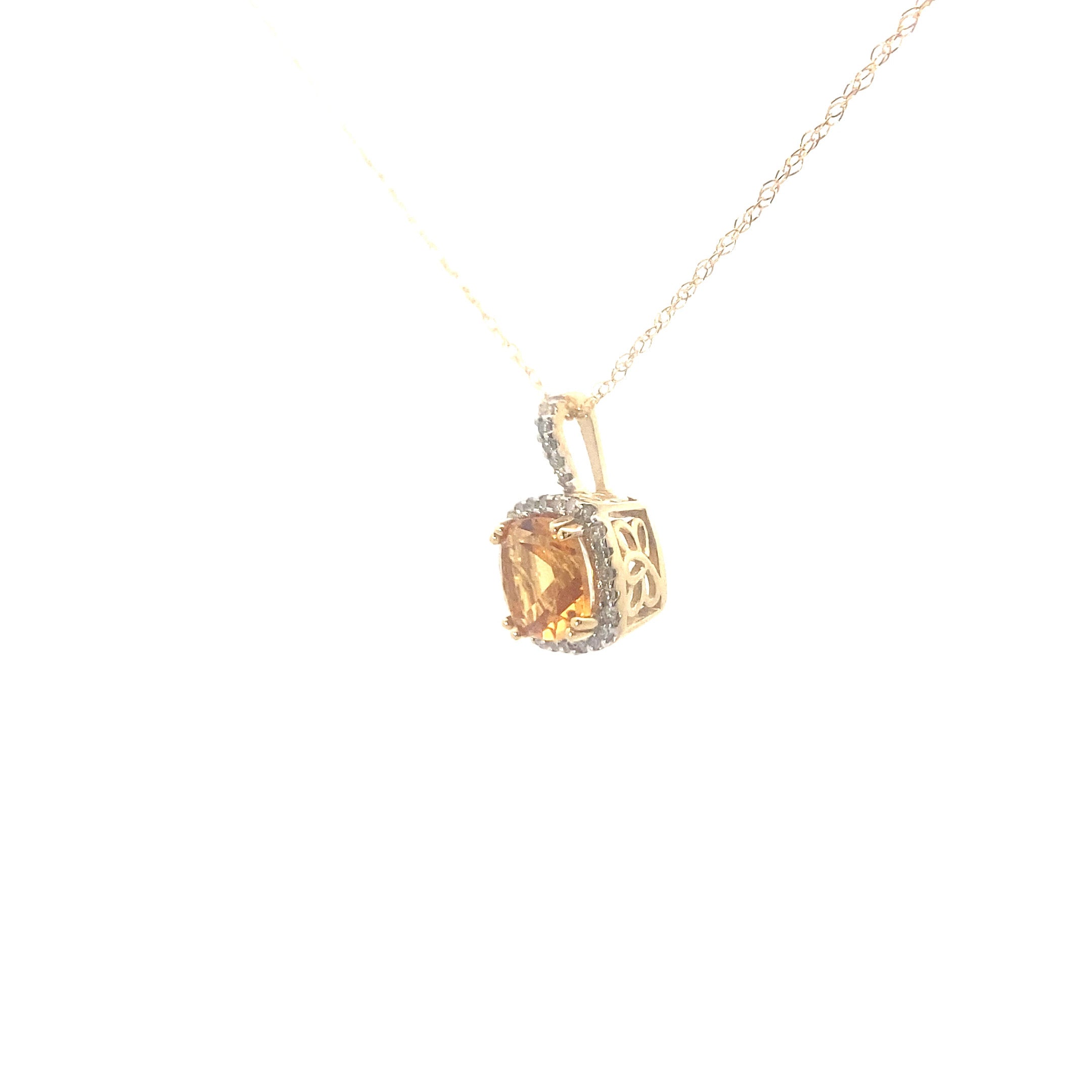 10K Yellow Gold 1/10CT. Diamond Halo & 1CT. Cushion-Cut Citrine Pendant