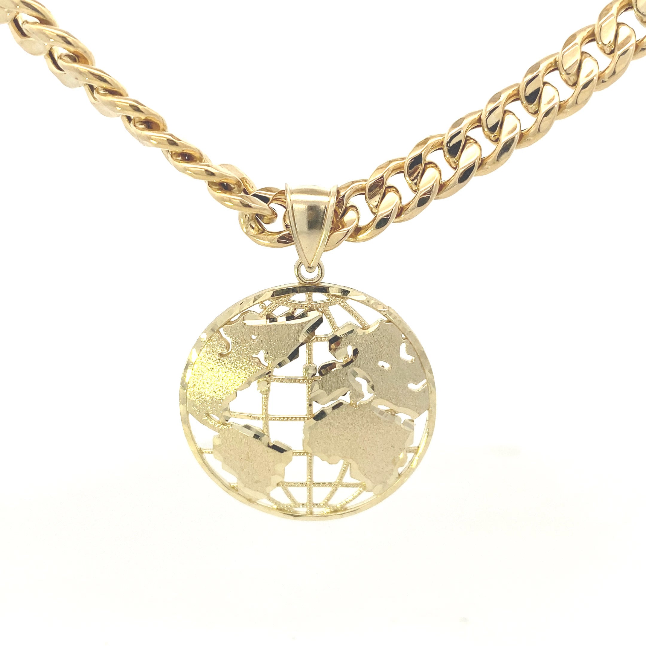 Close up of Globe Pendant Charm hanging on a chain