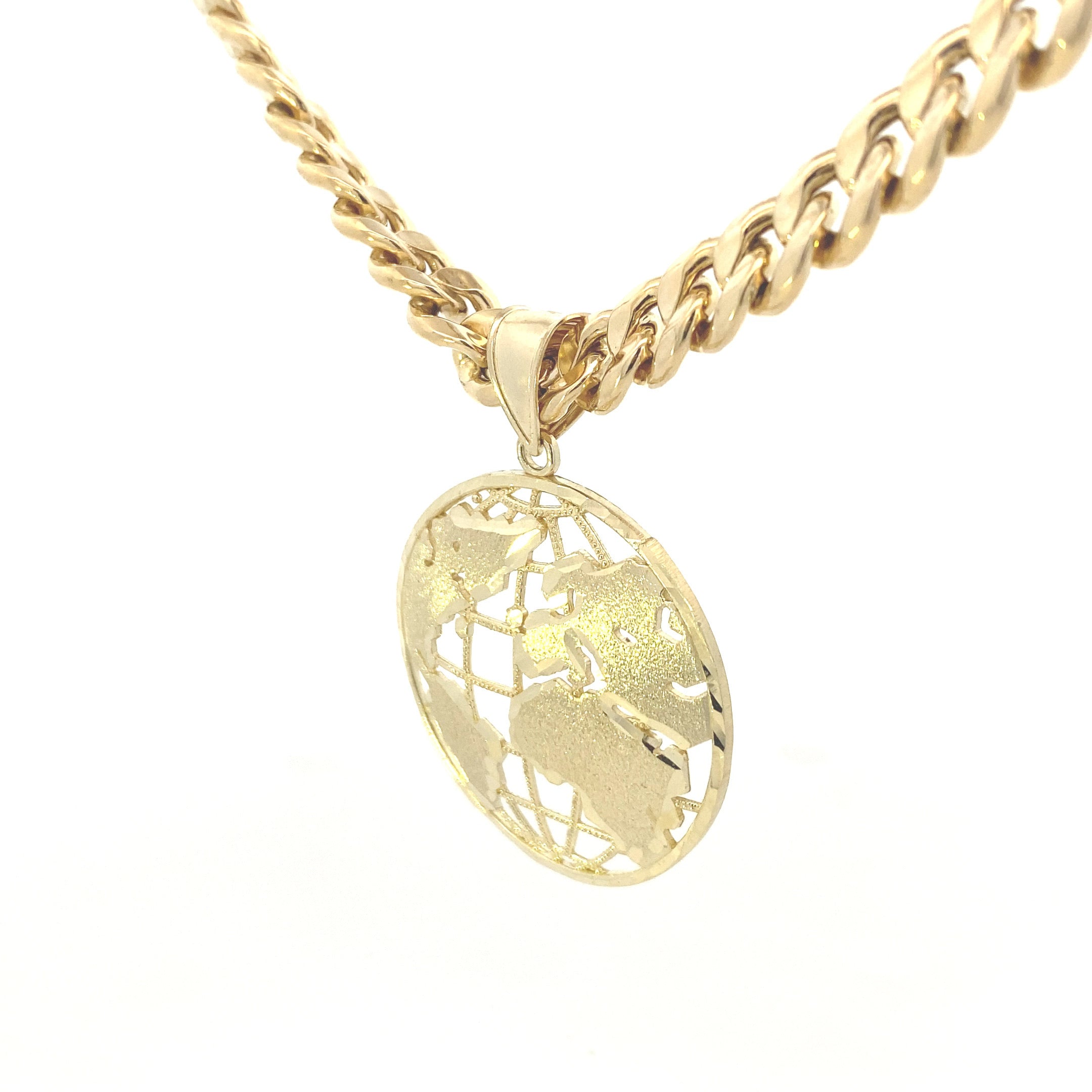 Left side view of Globe Pendant Charm hanging on a chain