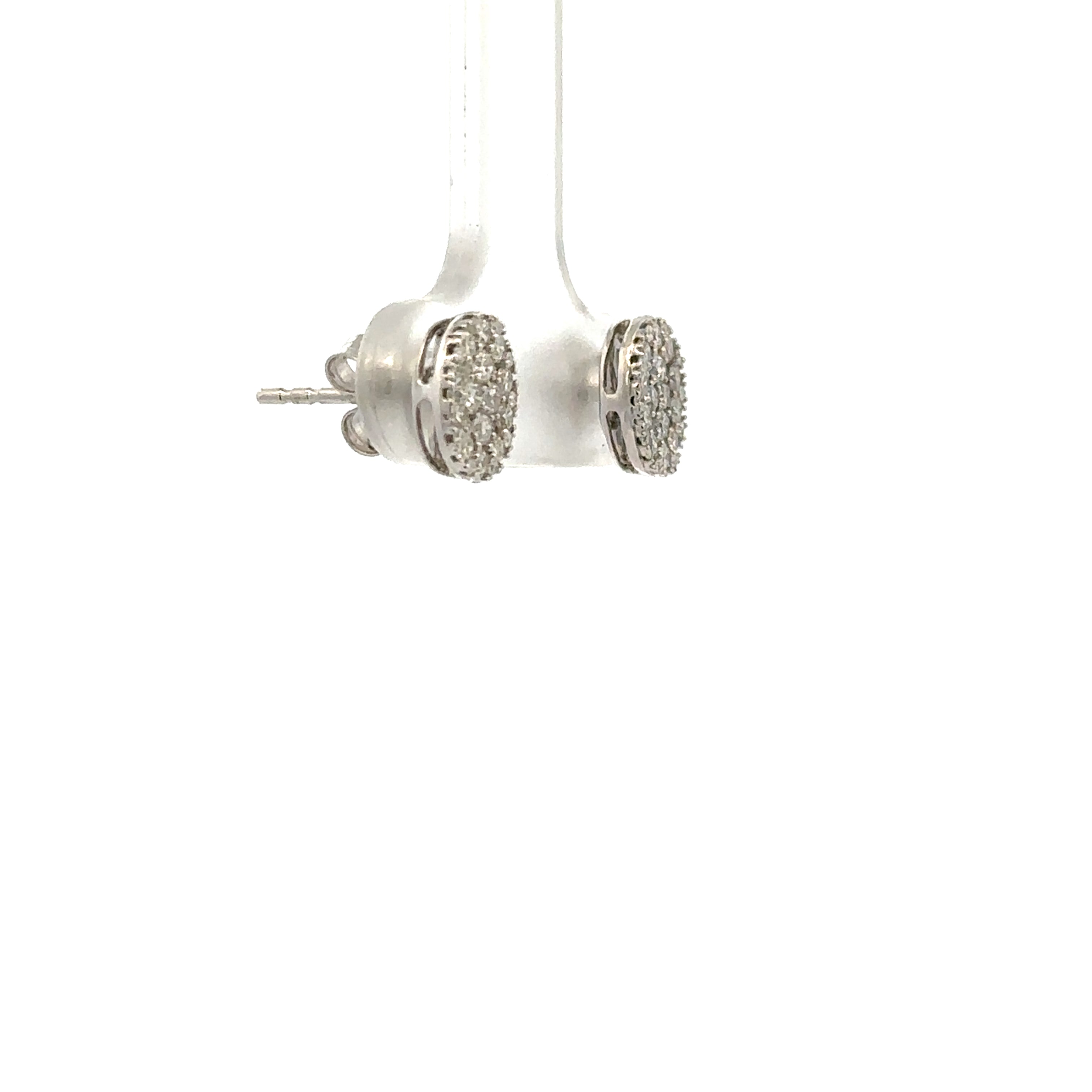 A pair of silver-toned stud earrings with pavé-set clear stones, shown hanging against a plain white background.