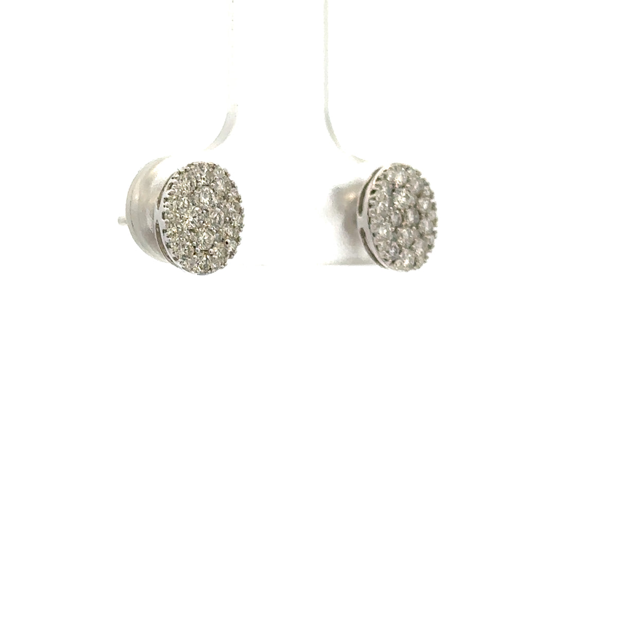 A pair of round stud earrings with clear pavé gemstones in a silver-toned setting, shown against a plain white background.