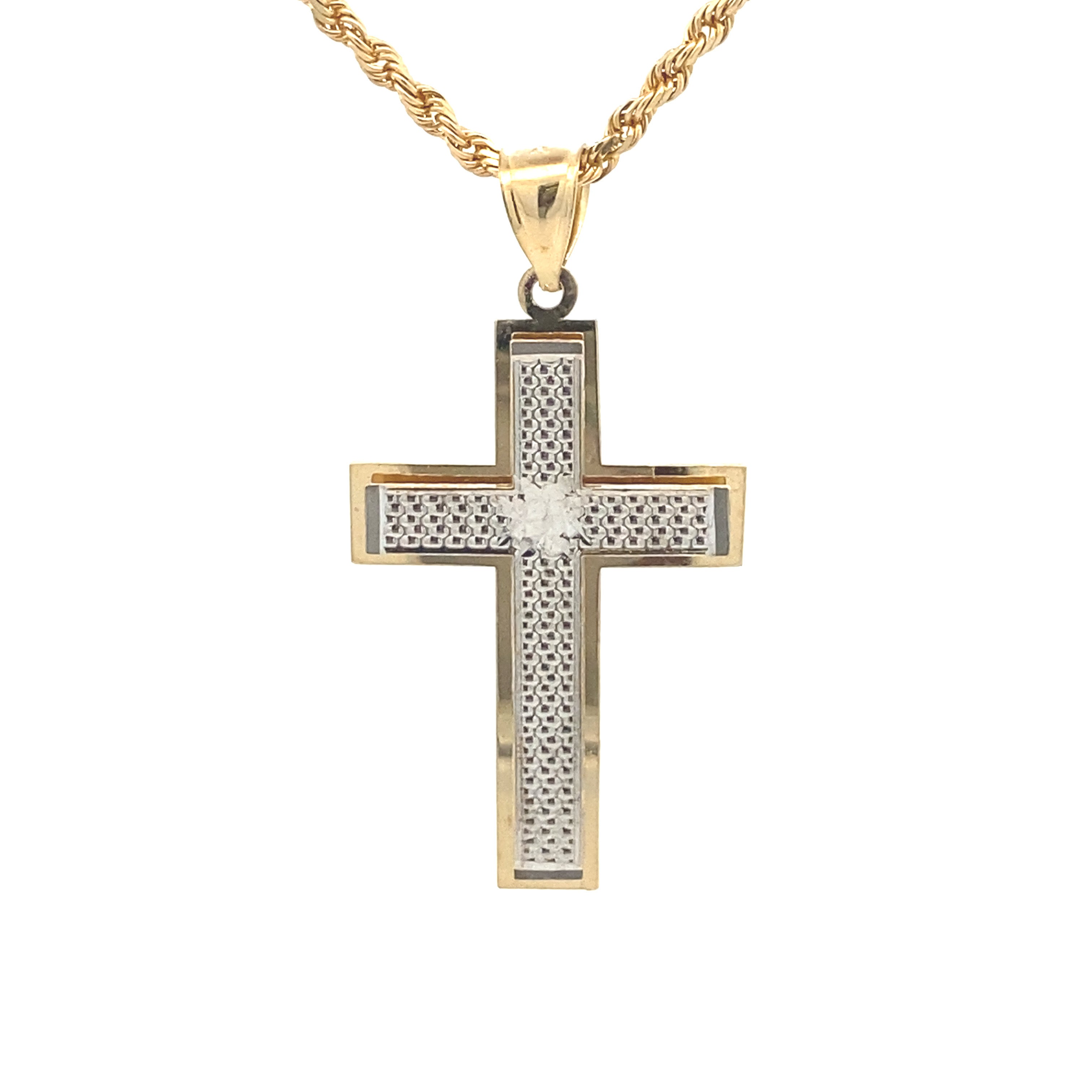 10K Two-Tone Gold Diamond Cut Cross Pendant Without Chain