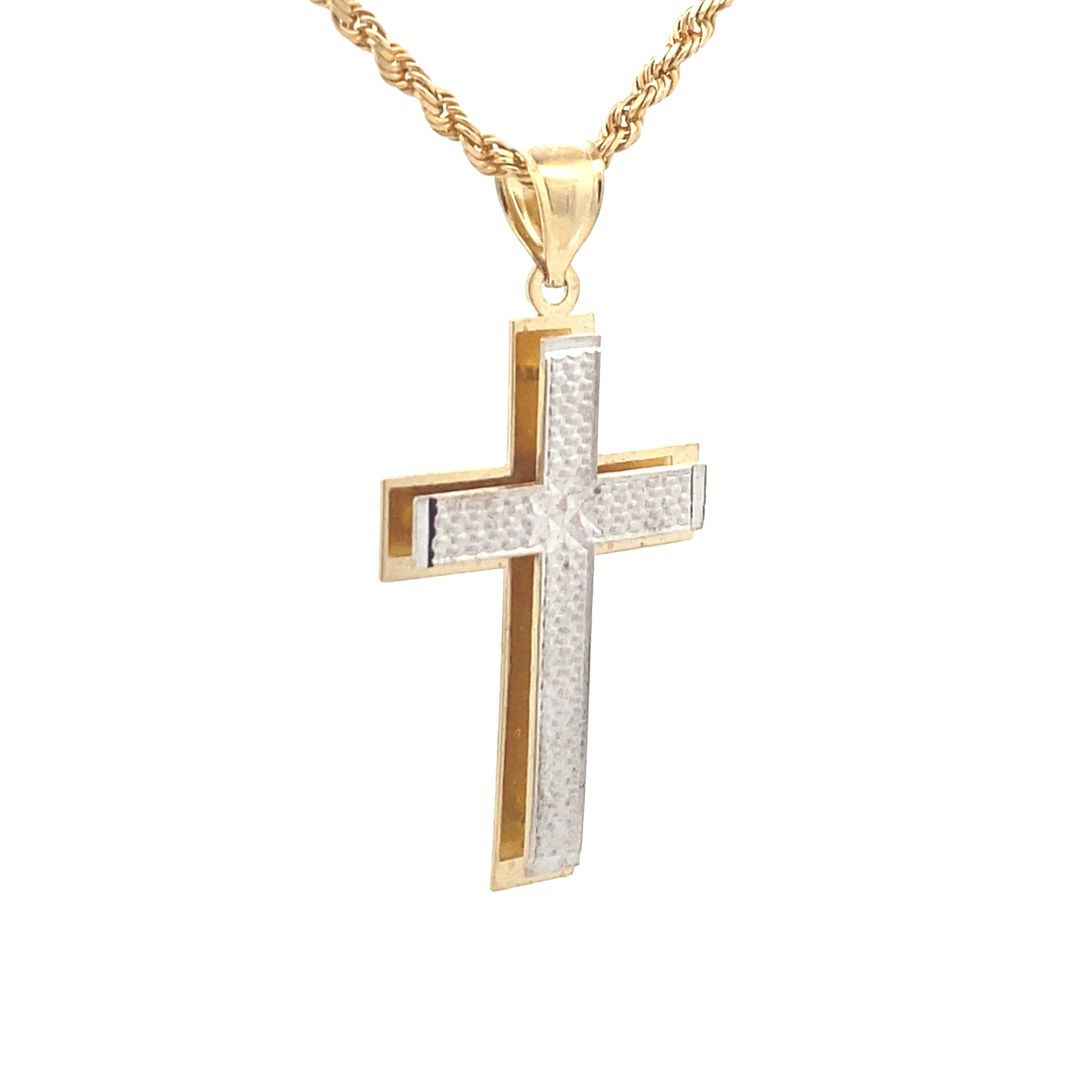 10K Two-Tone Gold Diamond Cut Cross Pendant Without Chain