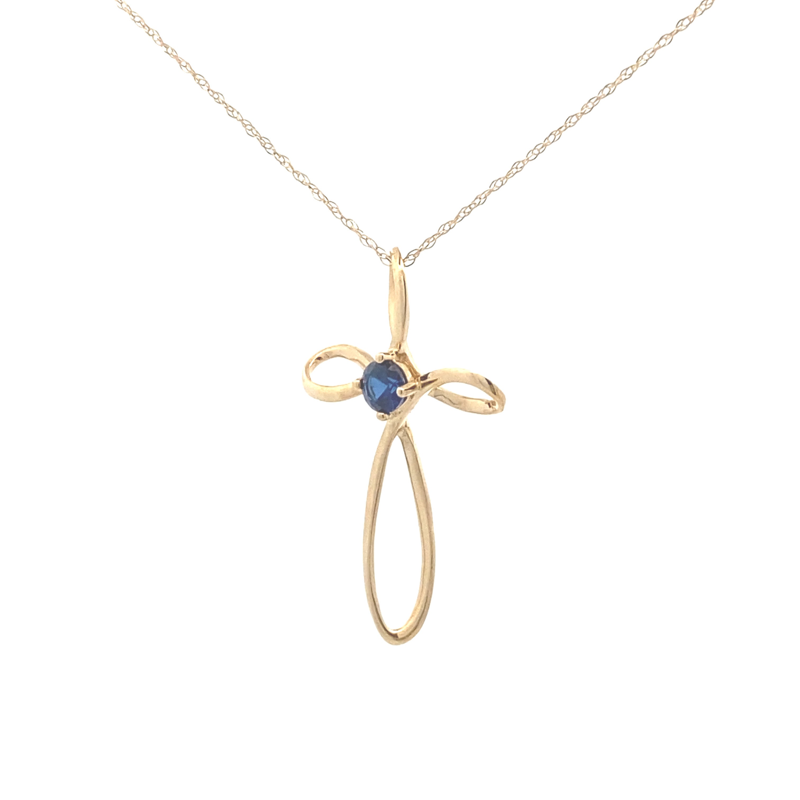 10K Yellow Gold 1/4CT. Created-Blue Sapphire Cross Pendant