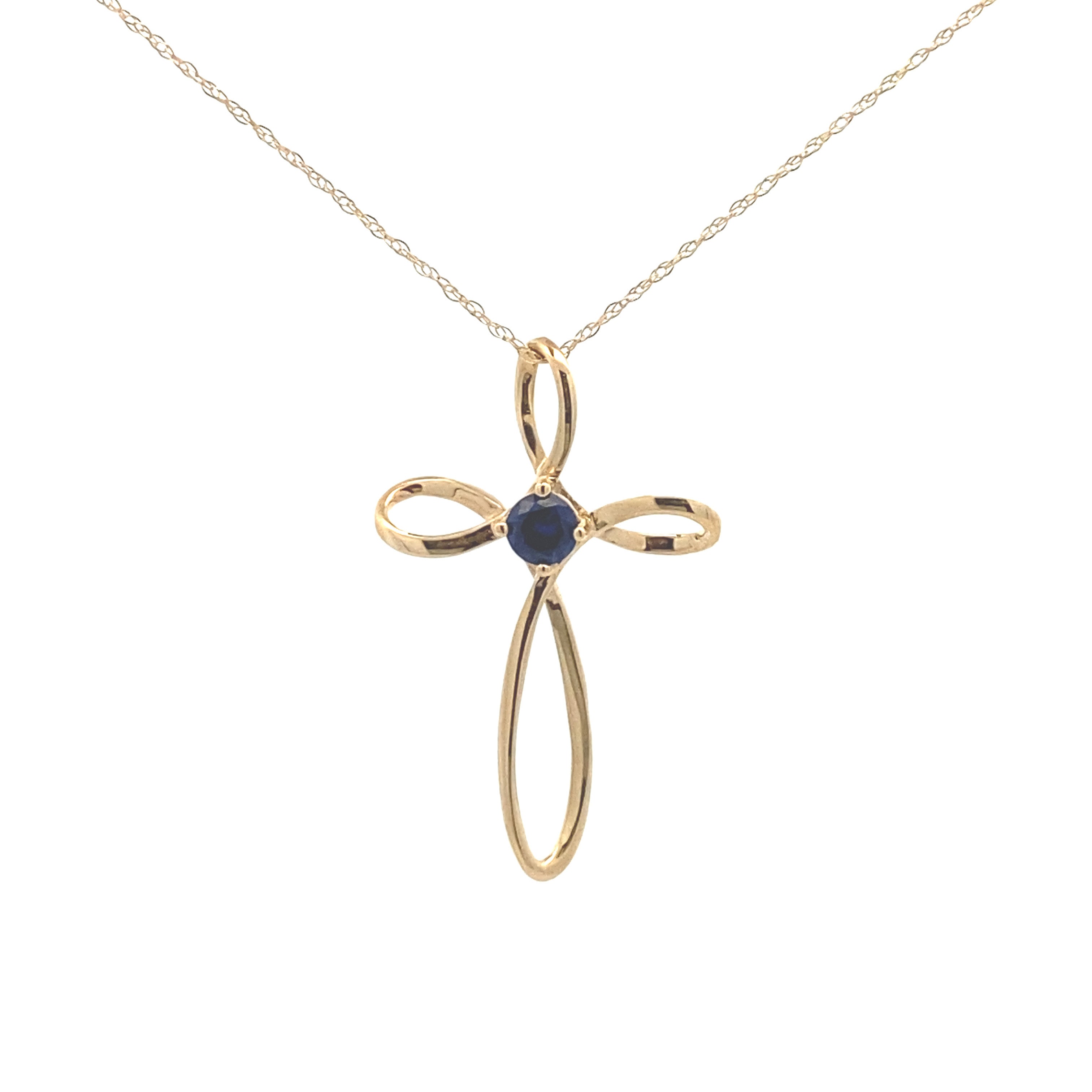 10K Yellow Gold 1/4CT. Created-Blue Sapphire Cross Pendant