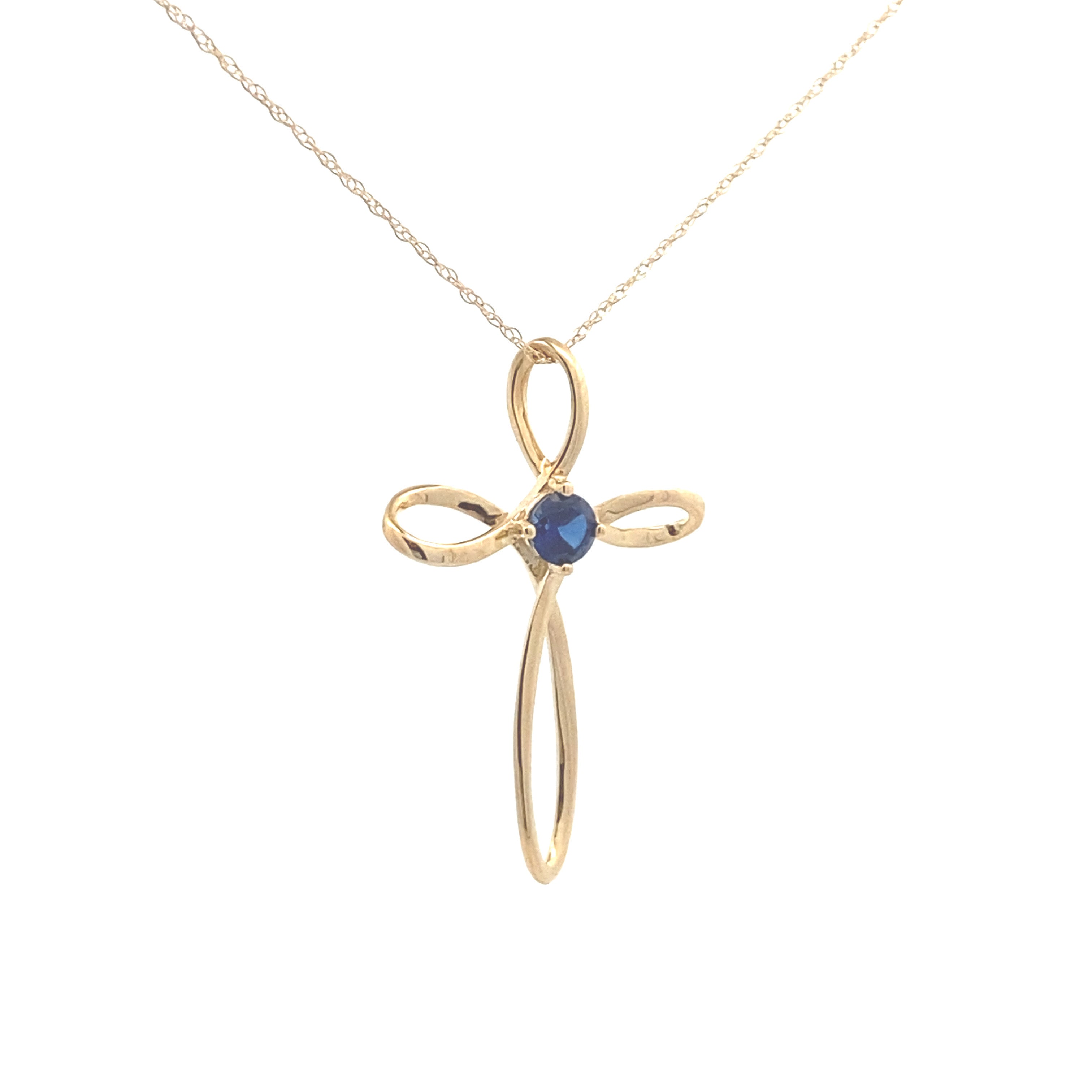 10K Yellow Gold 1/4CT. Created-Blue Sapphire Cross Pendant