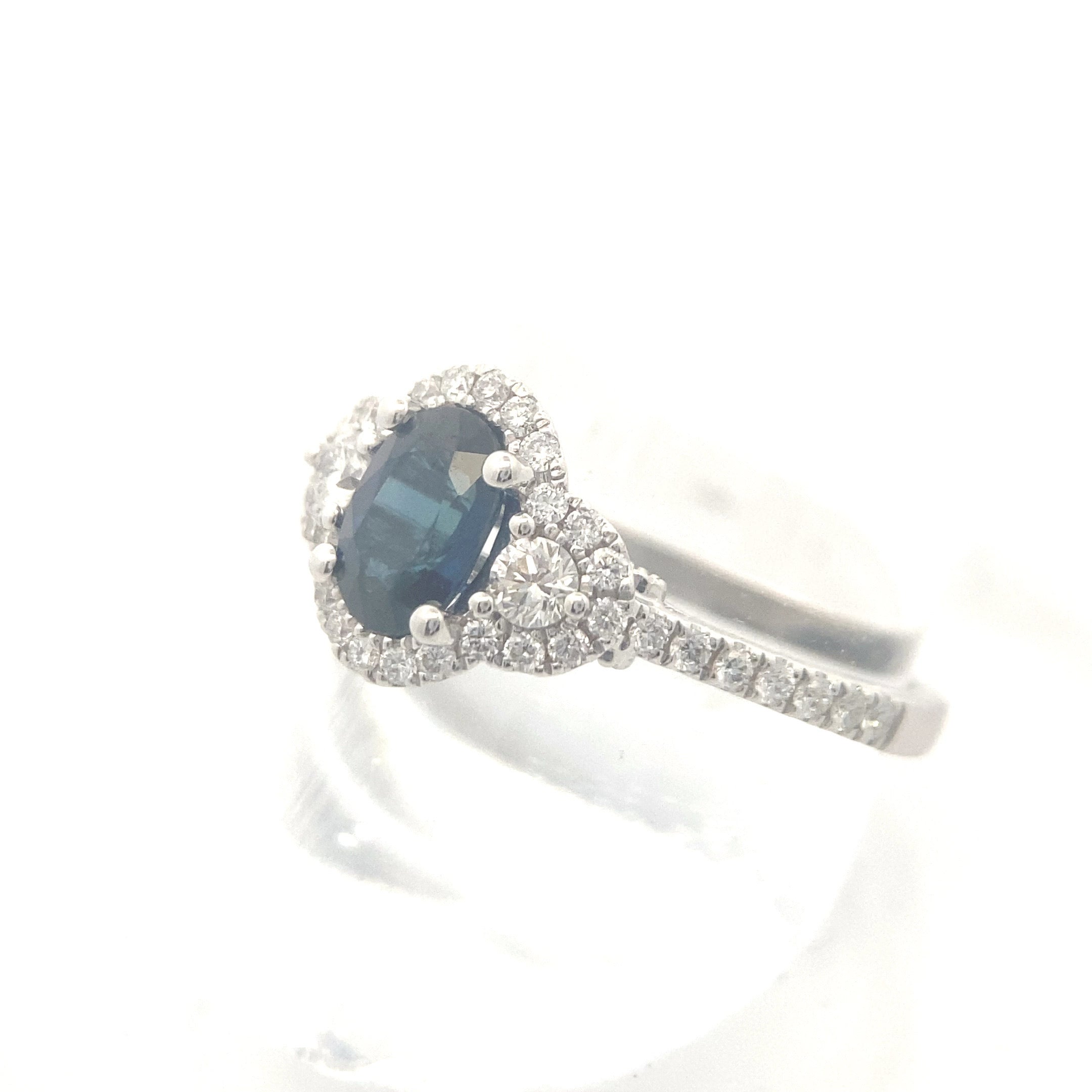 14K White Gold 1CT. Blue Sapphire & 3/8CT. Diamond Halo Three-Stone Engagement Ring
