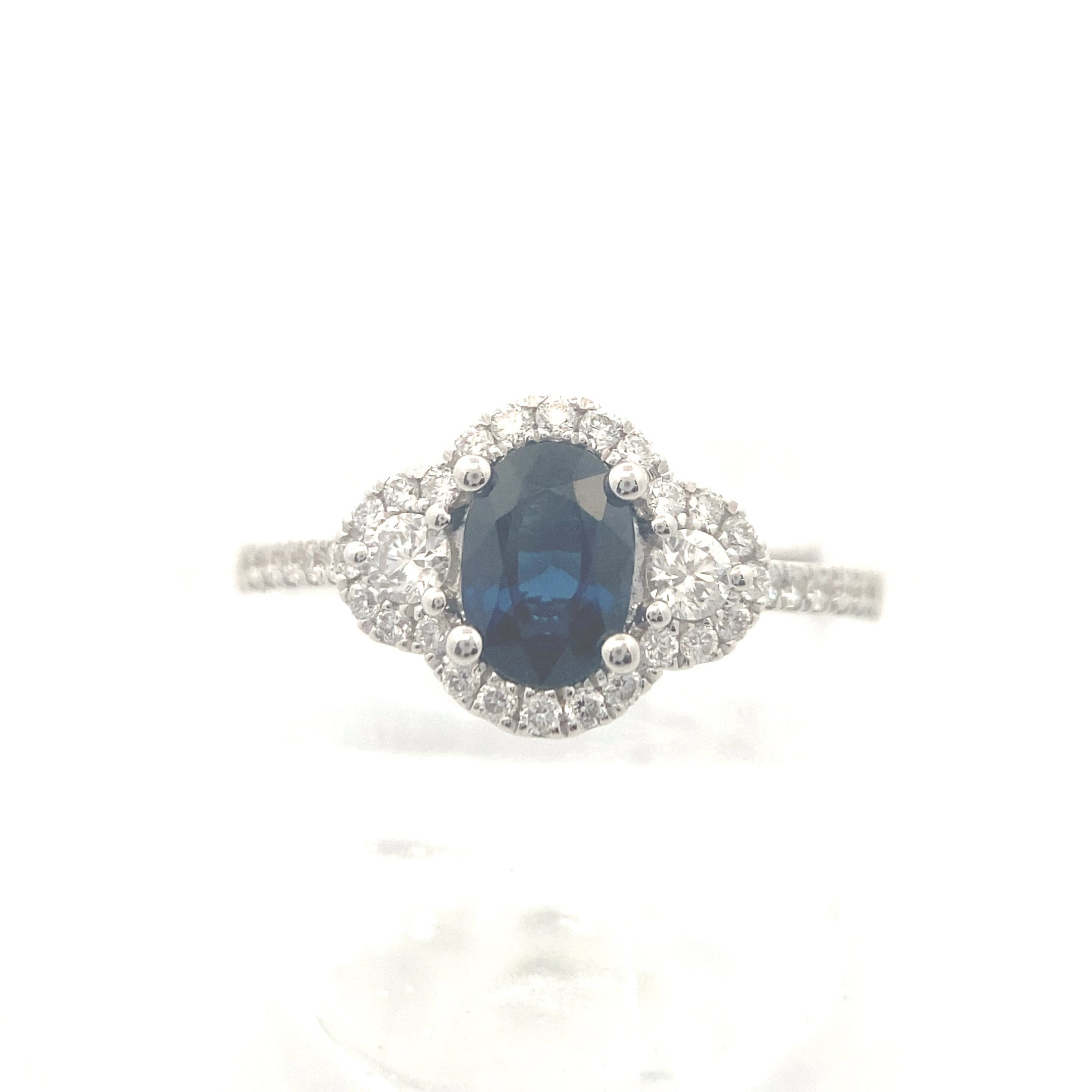 14K White Gold 1CT. Blue Sapphire & 3/8CT. Diamond Halo Three-Stone Engagement Ring